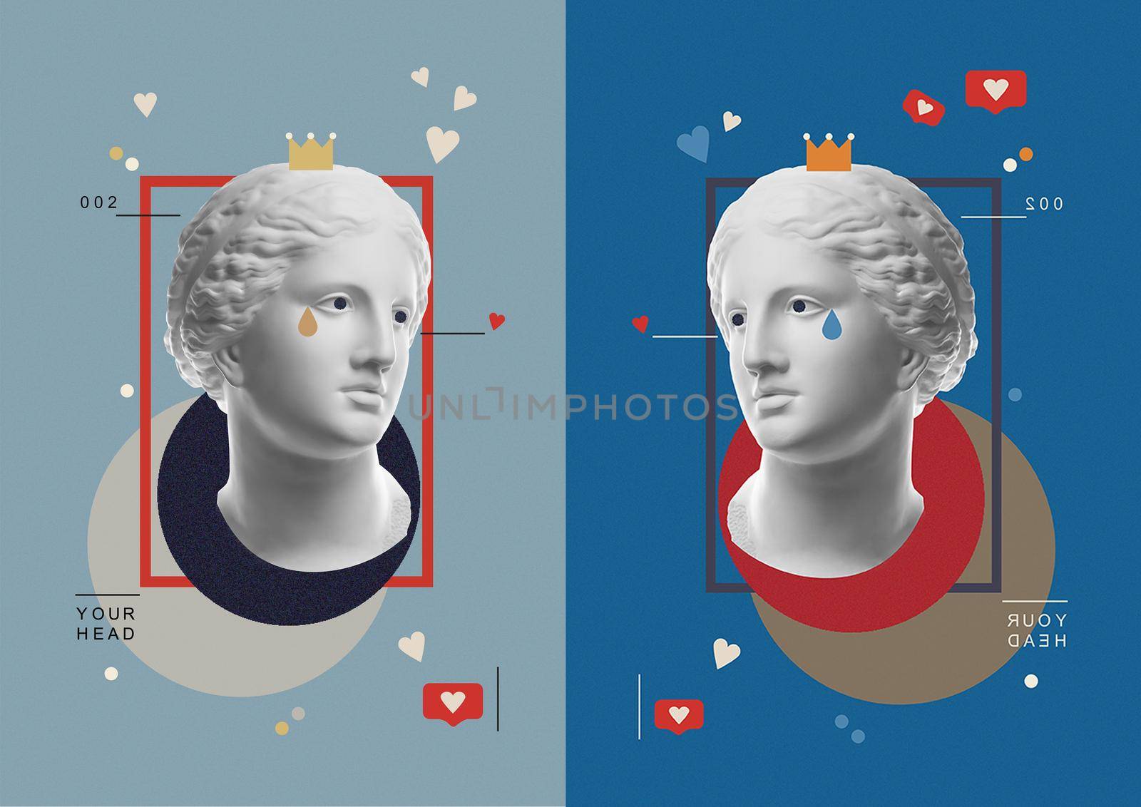 Fashion art collage with plaster antique sculpture of Venus face in a pop art style. Beauty, fashion and health theme. Creative vogue concept image in contemporary surrealism style. Zine culture.
