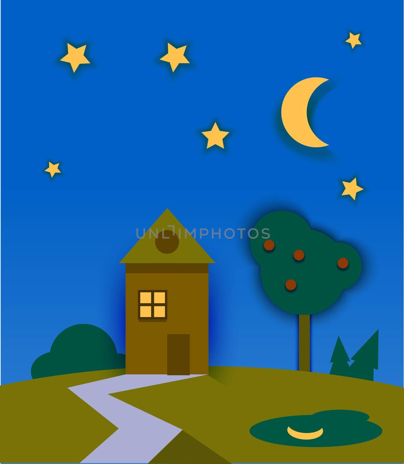 Night time nature landscape with house, moon and stars. by Alxyzt