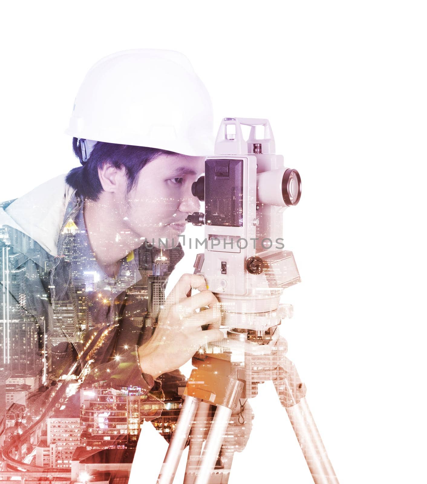 Double exposure of engineer working with survey equipment theodolite on a tripod against the city isolated on white  by geargodz