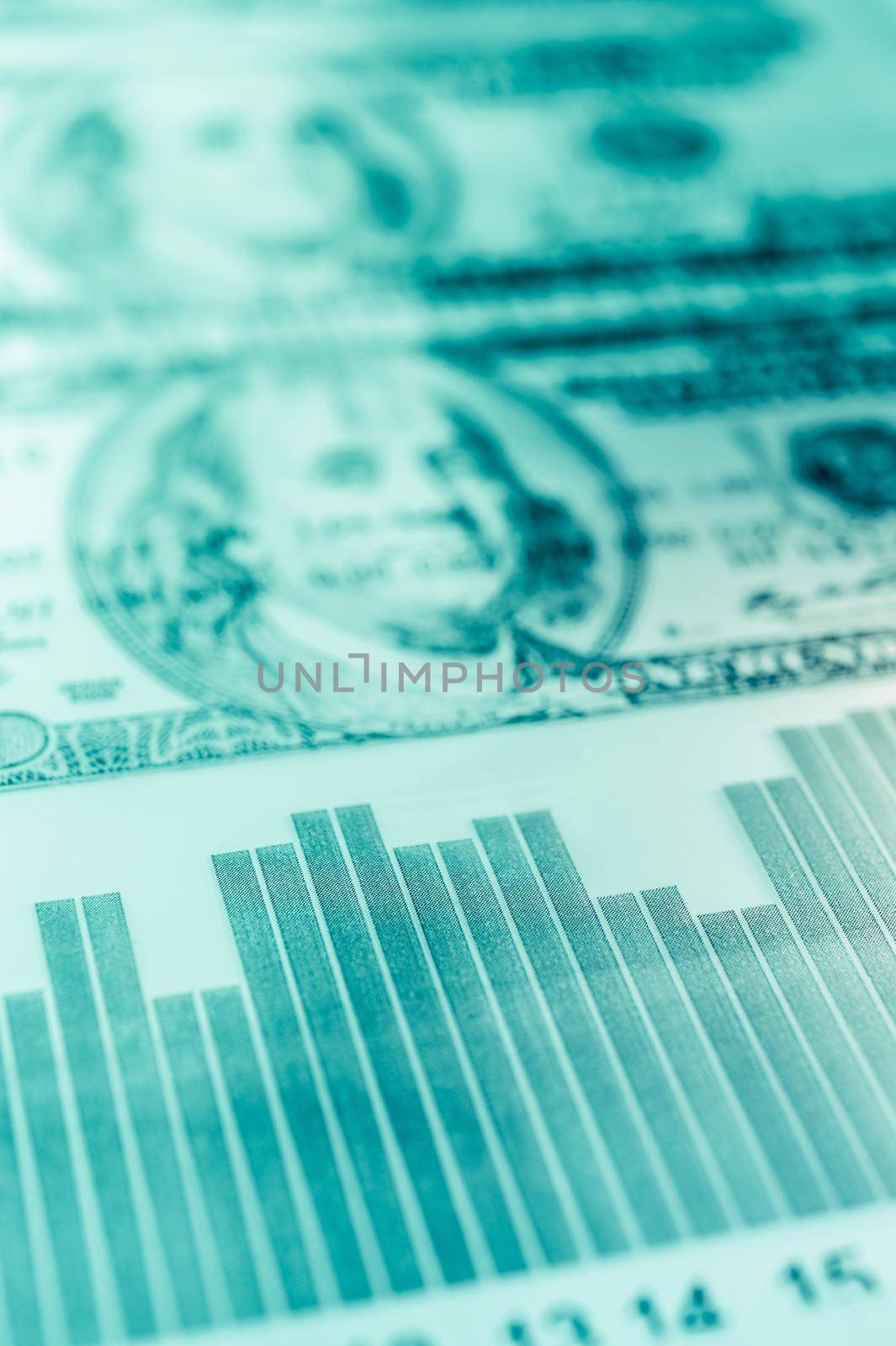 Double exposure Stock market display or forex trading graph and candlestick chart on dollars banknote. Economy trends background for business idea and all art work design. Abstract finance background.