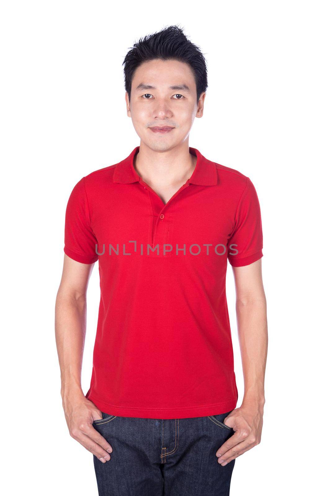 happy man in red polo shirt isolated on white background