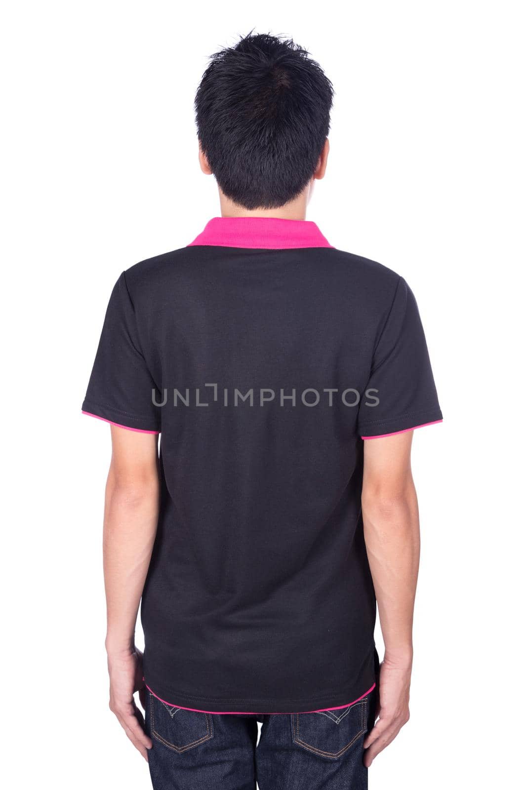 man in black polo shirt isolated on white background (back side) by geargodz