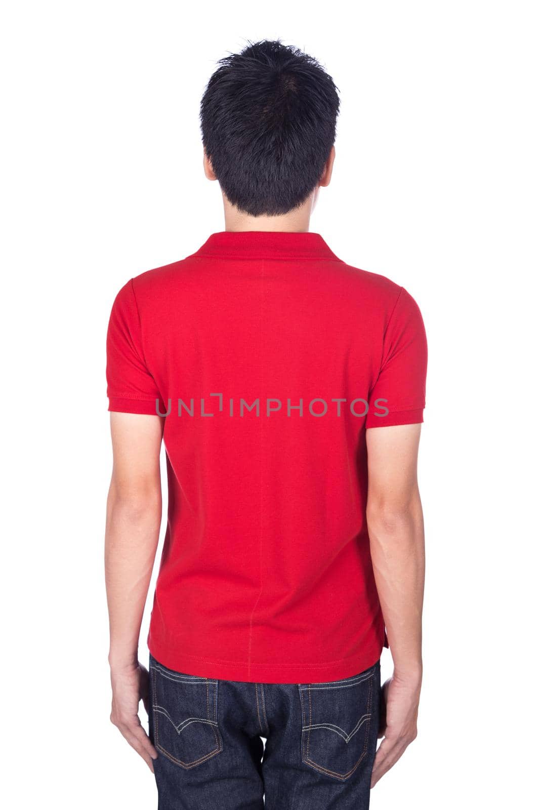 man in red polo shirt isolated on white background (back side) by geargodz