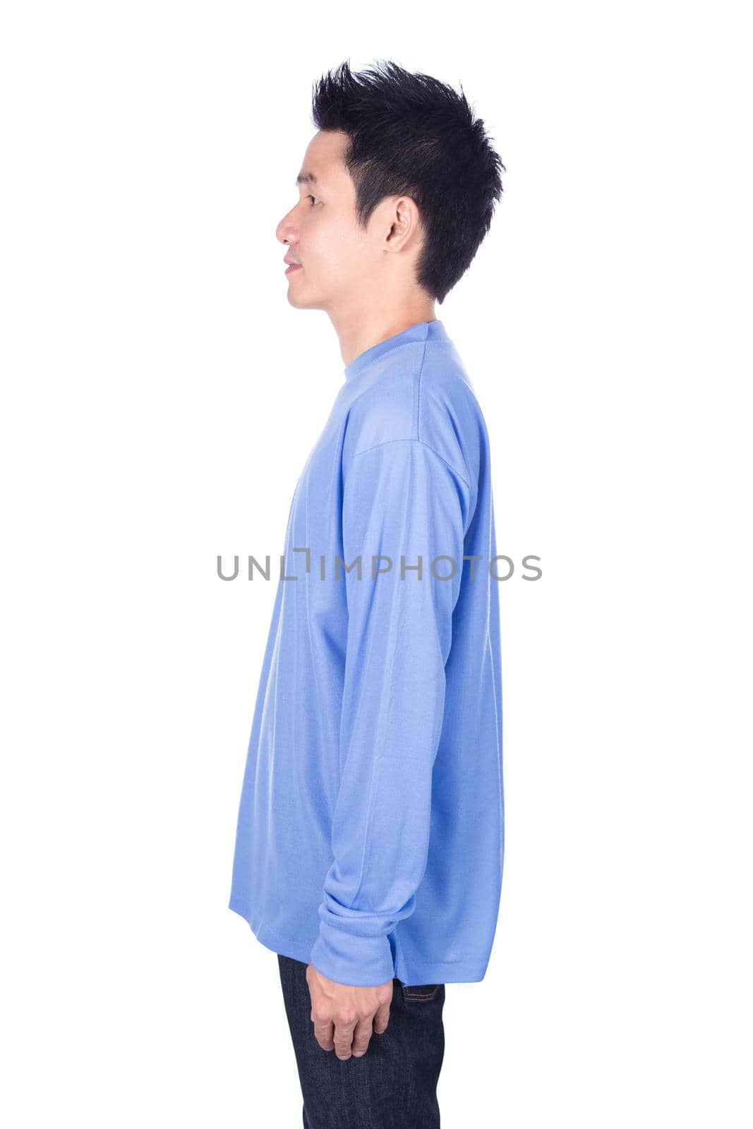 man in blue long sleeve t-shirt isolated on white background (side view) by geargodz