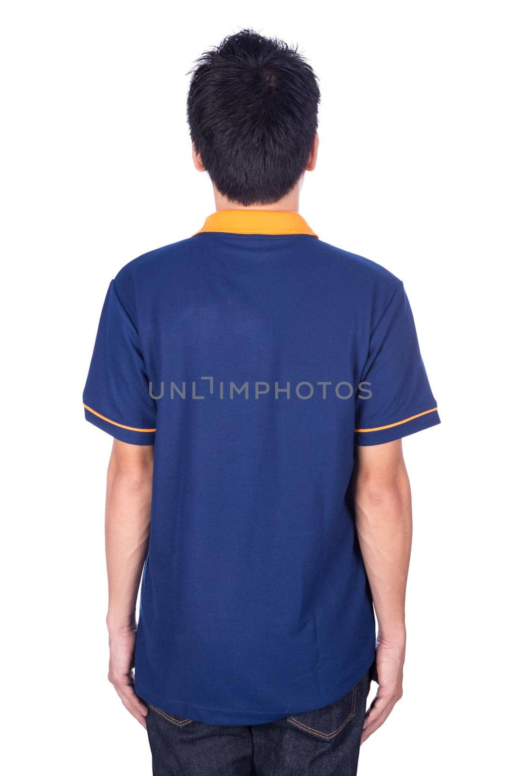man in blue polo shirt isolated on a white background (back side)