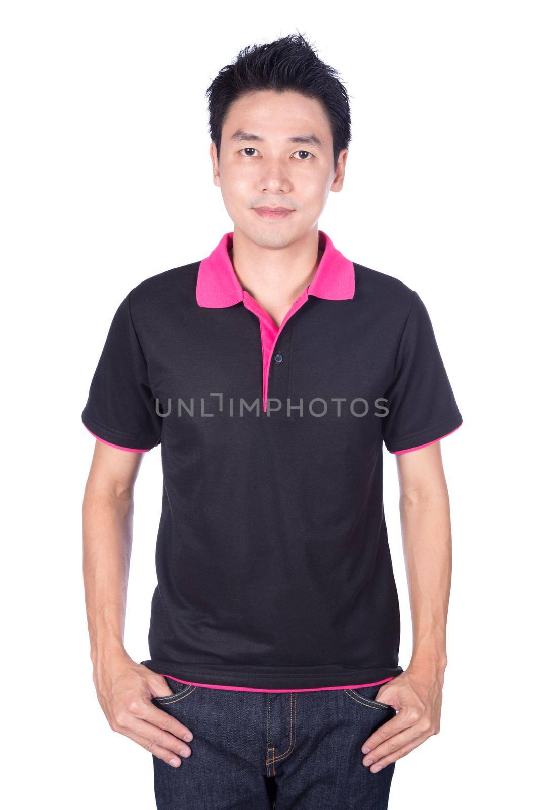 happy man in black polo shirt isolated on white background