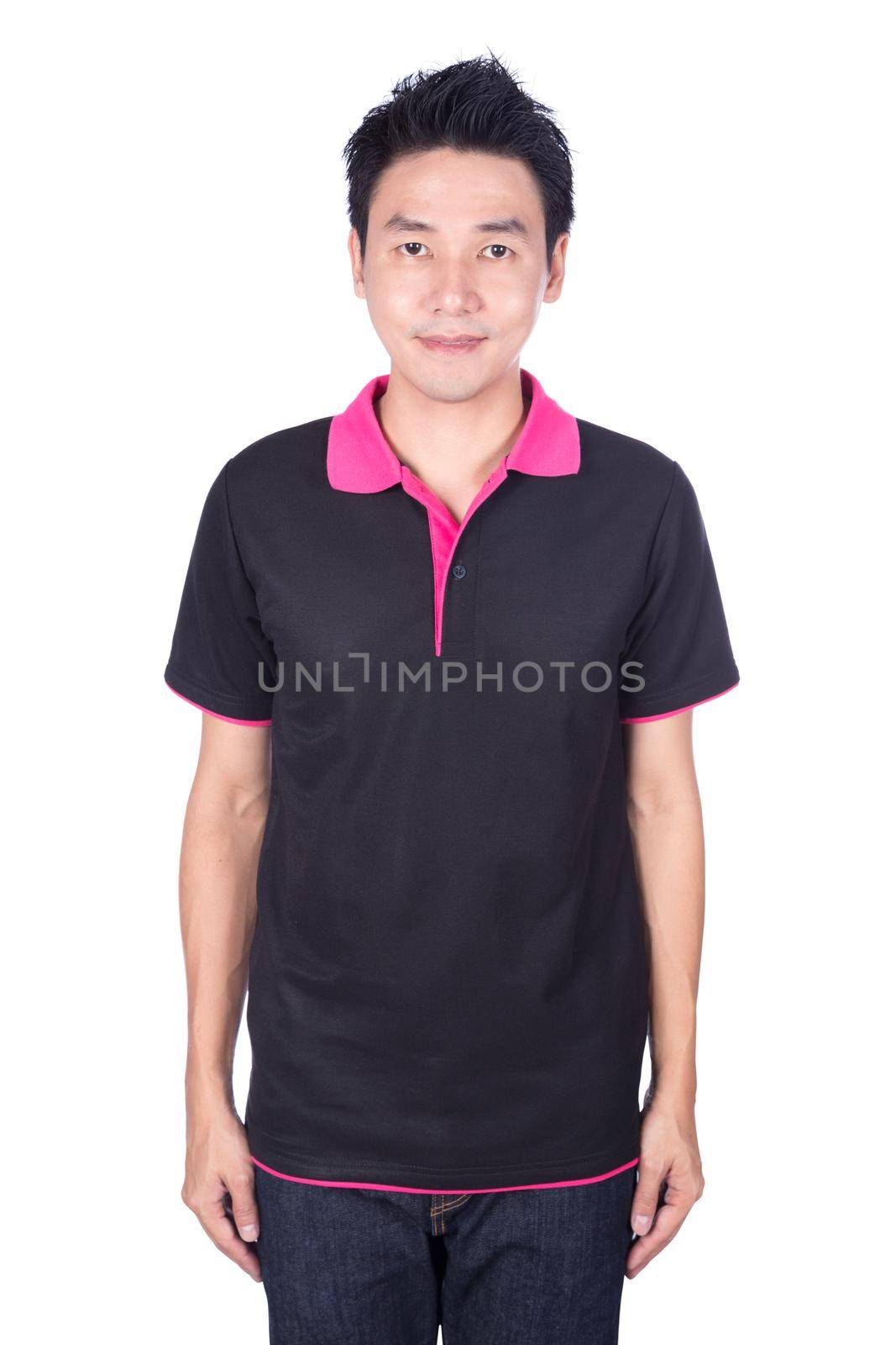 happy man in black polo shirt isolated on white background