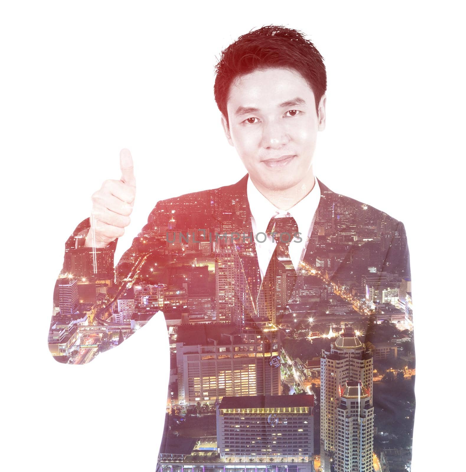 Double exposure of business man showing thumbs up gesture against city isolated on white background by geargodz