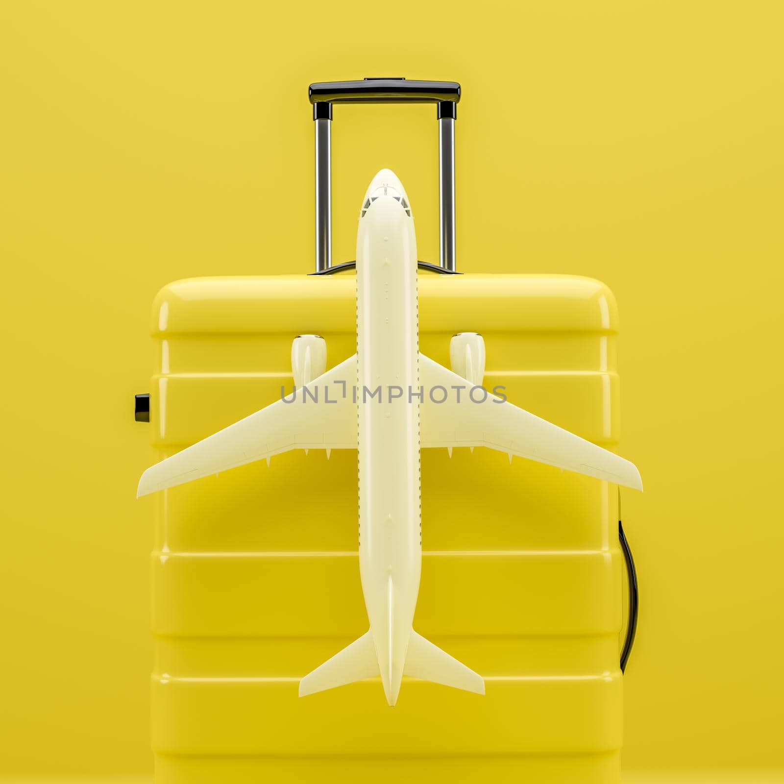 A white plane on a yellow travel suitcase, 3D rendering illustration.