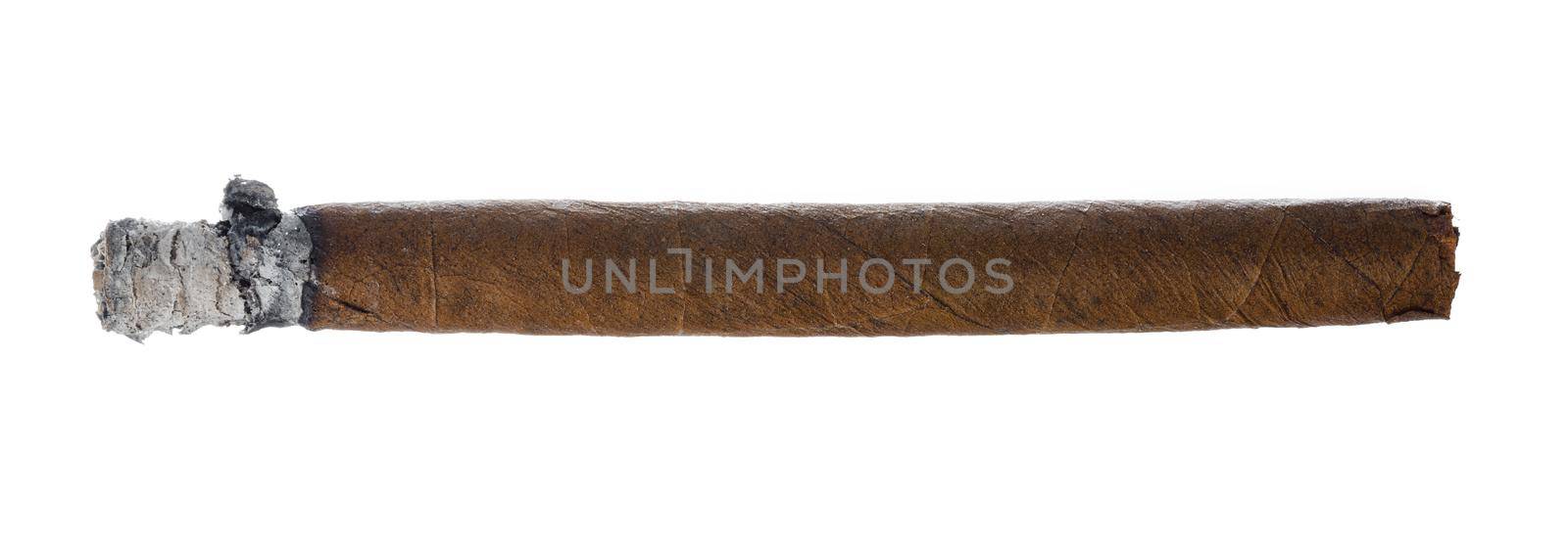 Burning hand rolled cigar isolated on white background