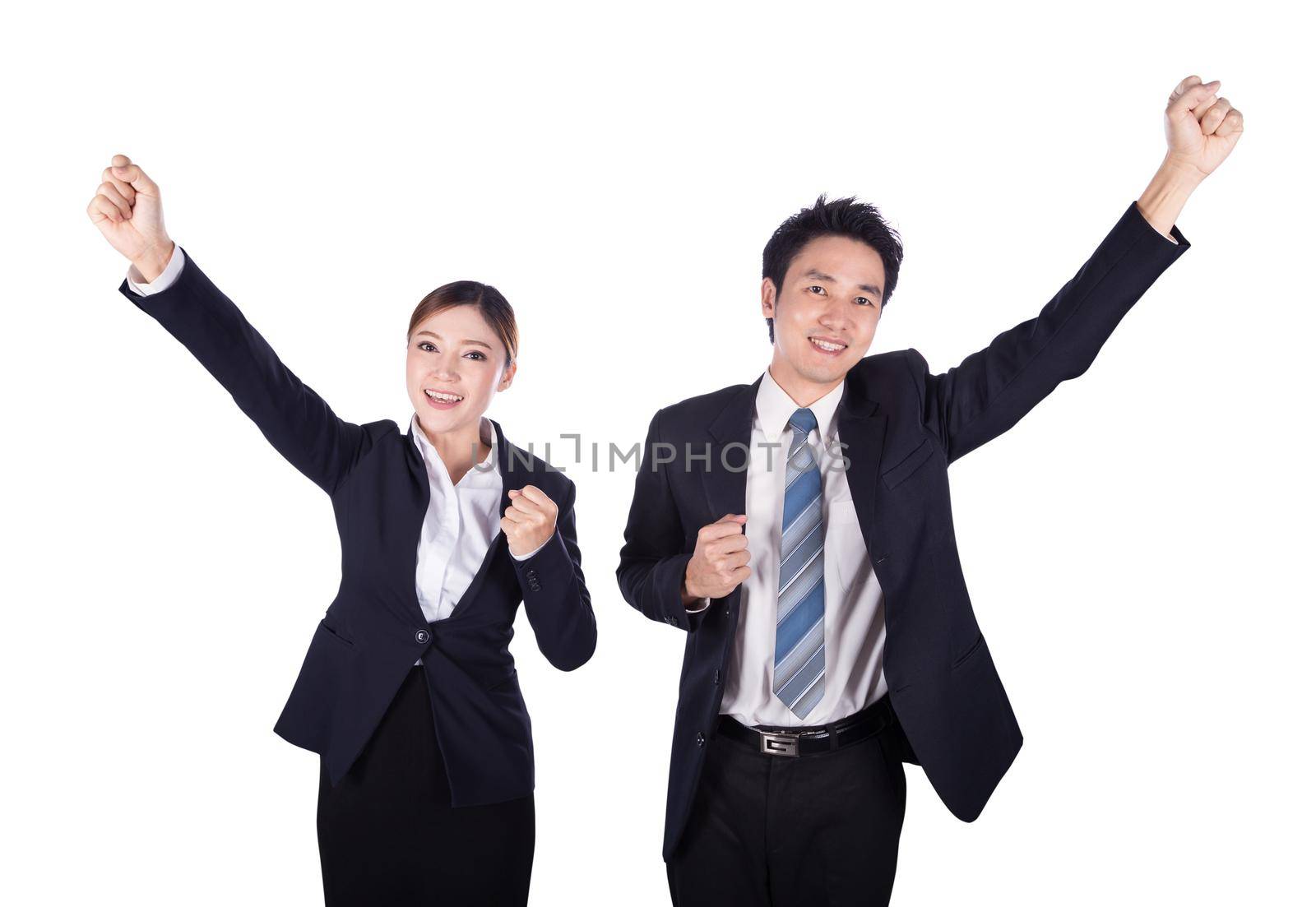 success business man and woman keeping arms raised isolated on white  by geargodz