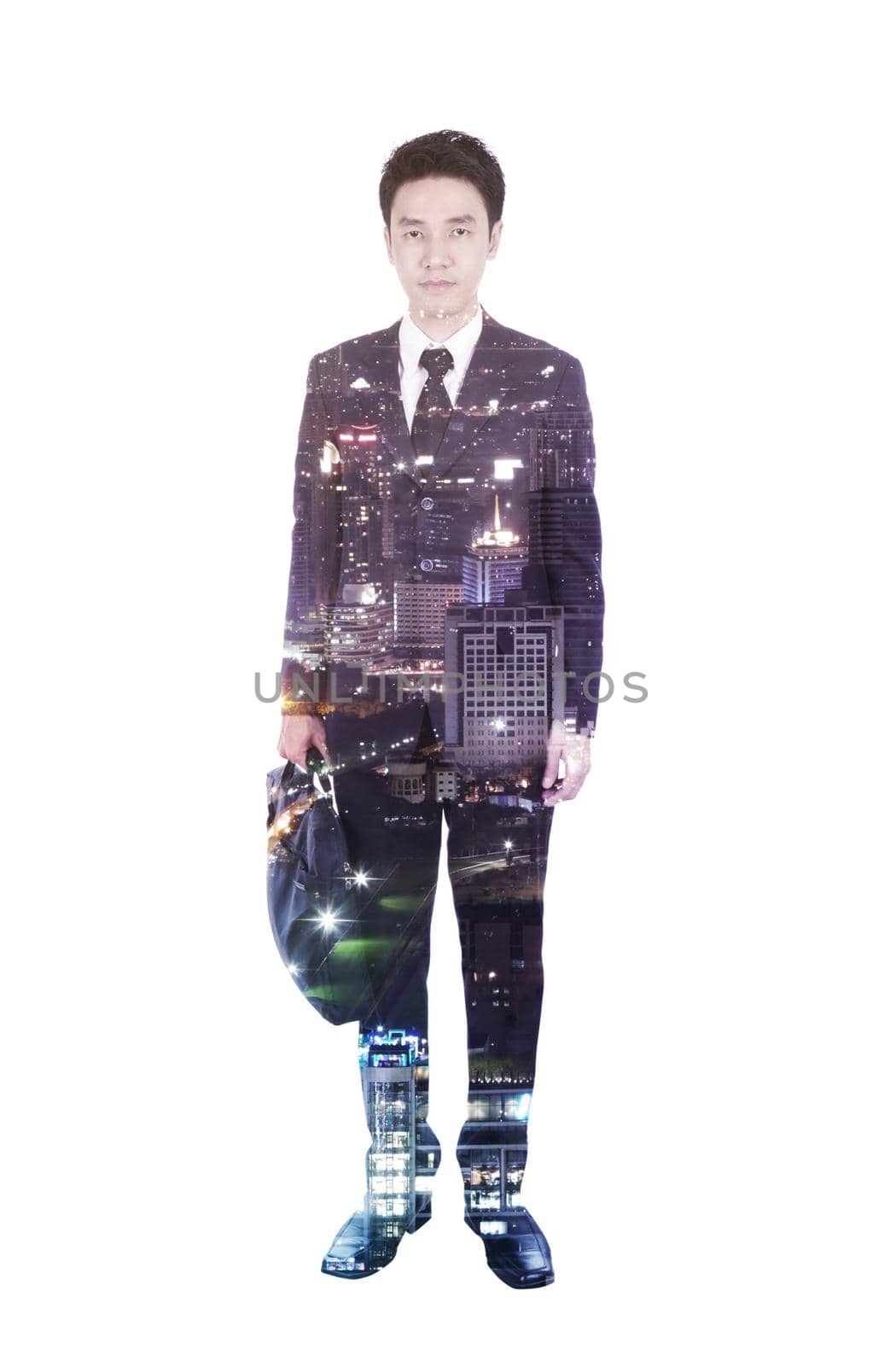 Double exposure of business man with briefcase against the city isolated on white background