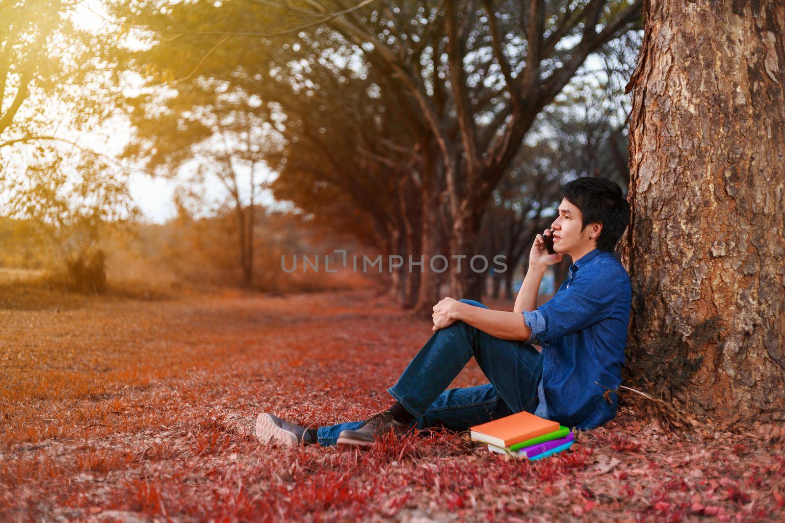 man talking on mobile phone in the park