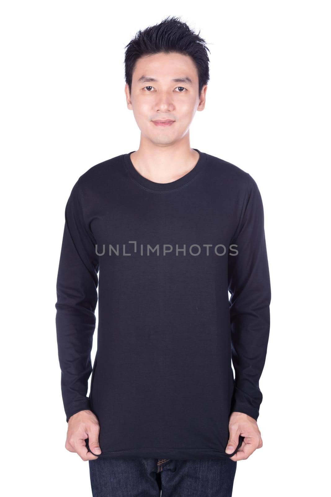 happy man in black long sleeve t-shirt isolated on white background by geargodz