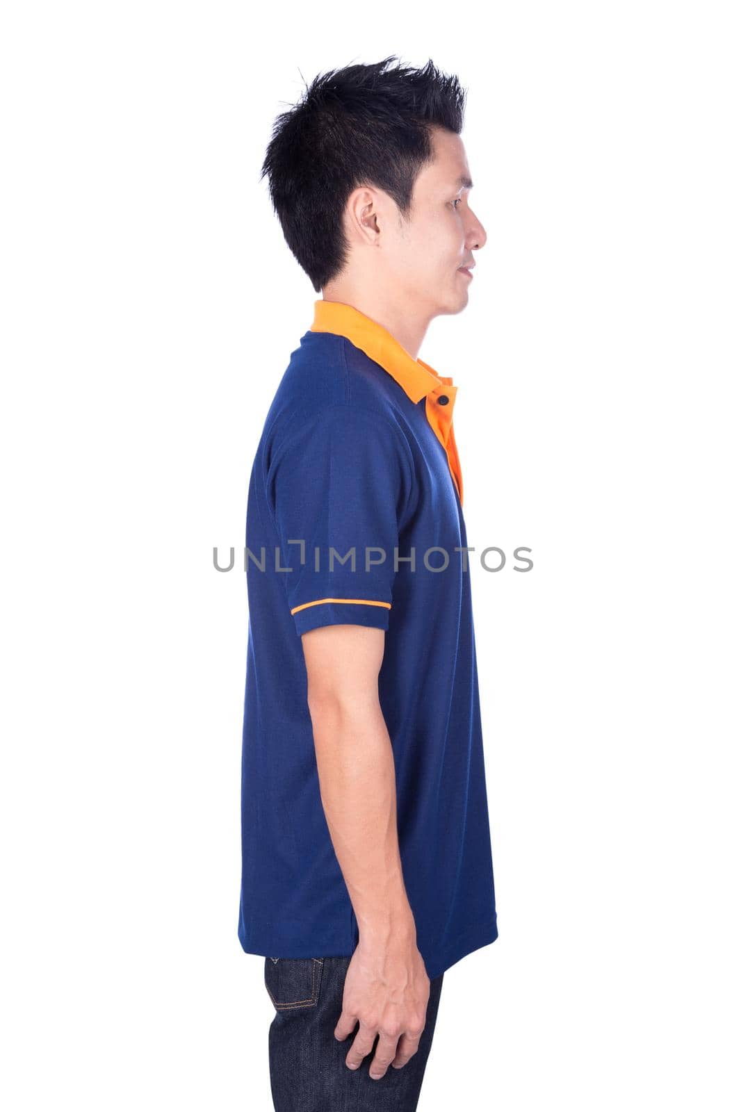 man in blue polo shirt isolated on a white background (side view)