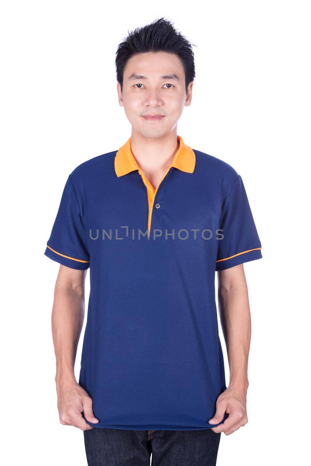 happy man in blue polo shirt isolated on white background