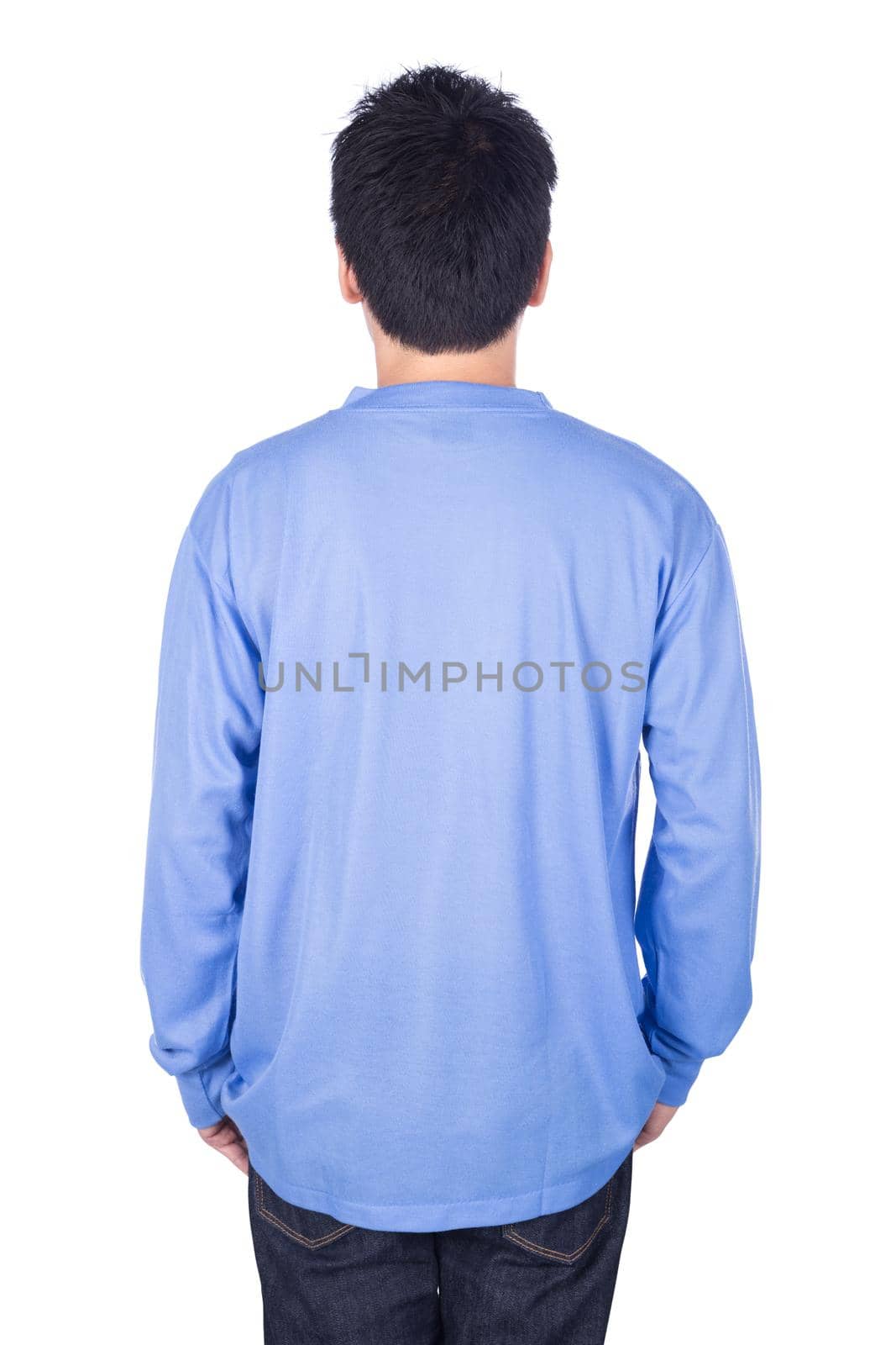 man in blue long sleeve t-shirt isolated on white background (back side) by geargodz