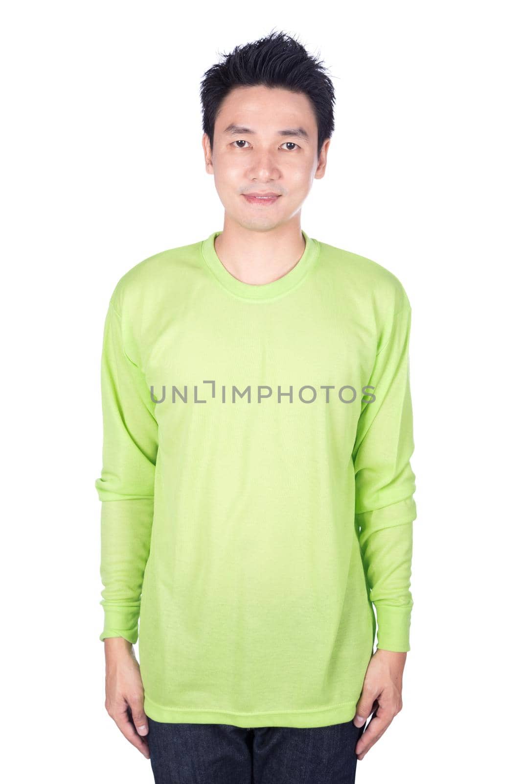 happy man in green long sleeve t-shirt isolated on a white background