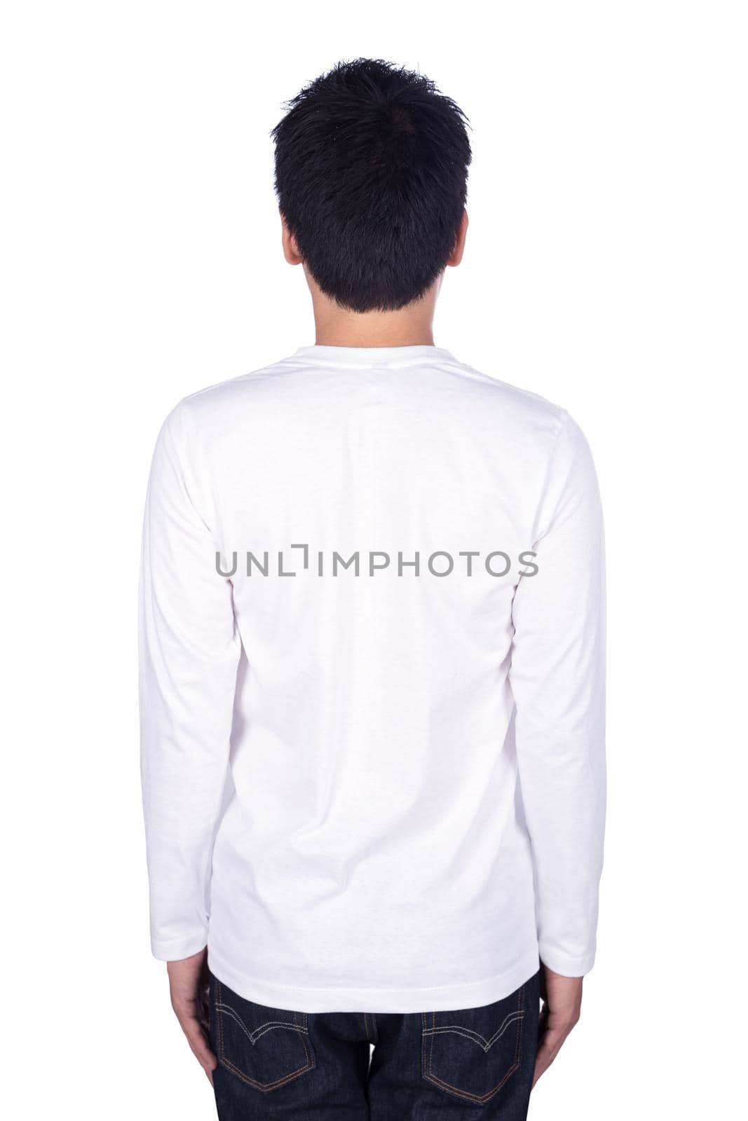 man in white long sleeve t-shirt isolated on white background (back side) by geargodz