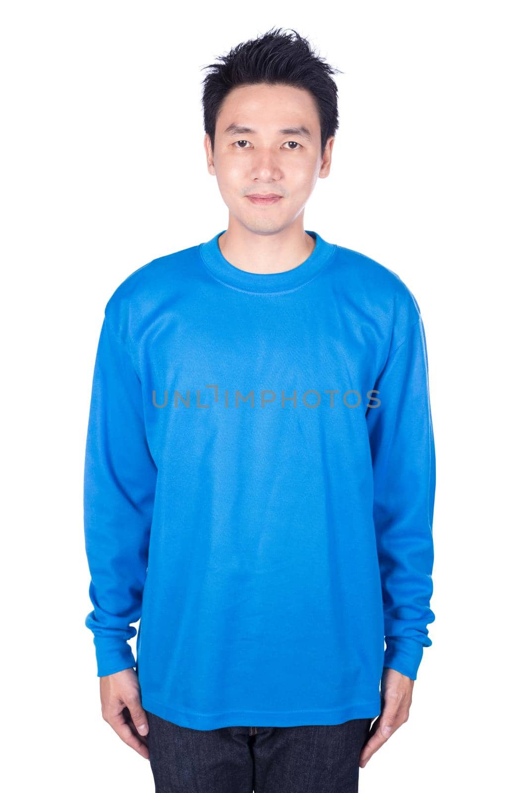 happy man in blue long sleeve t-shirt isolated on a white background