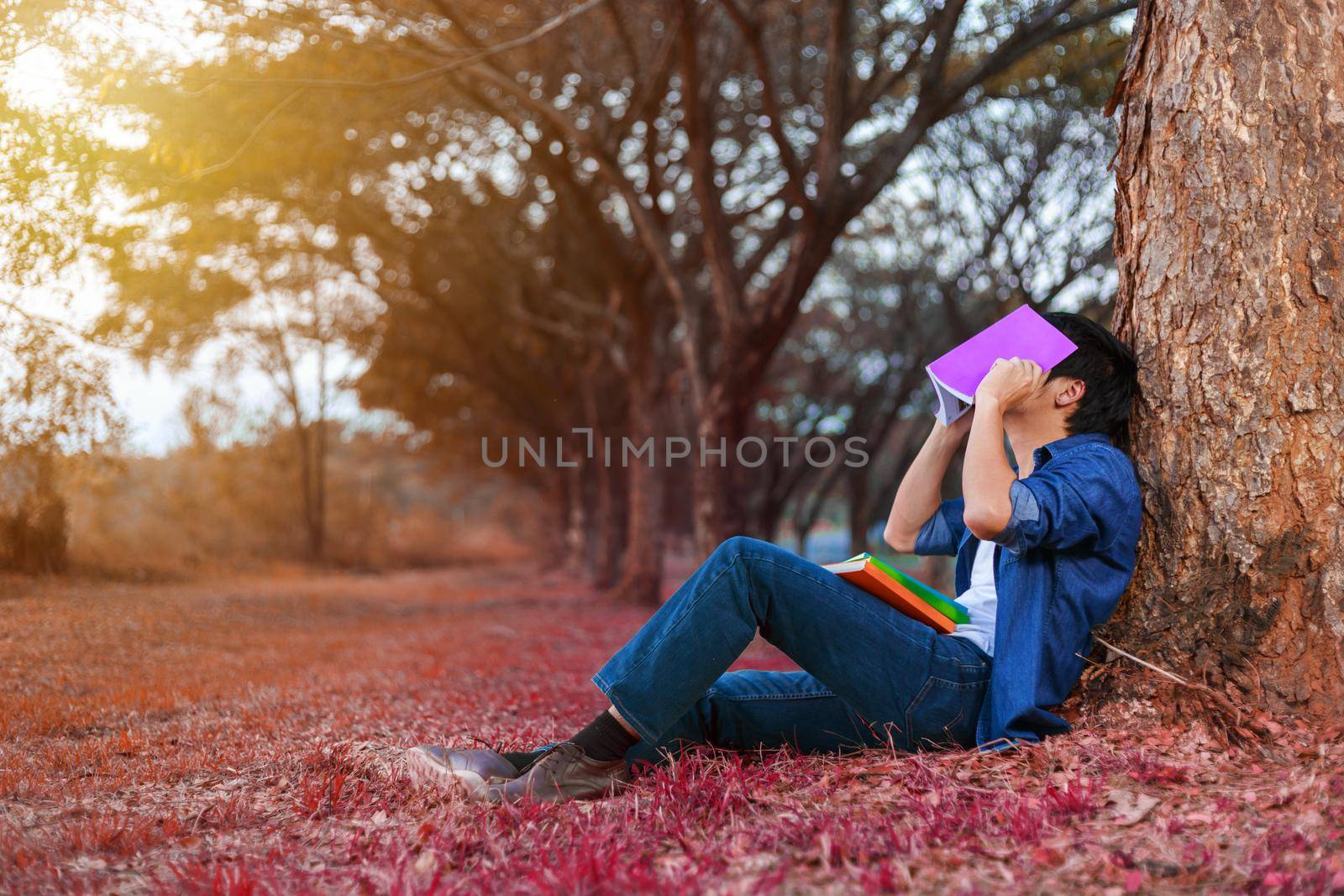 young man in stress situation when reading a book in the park