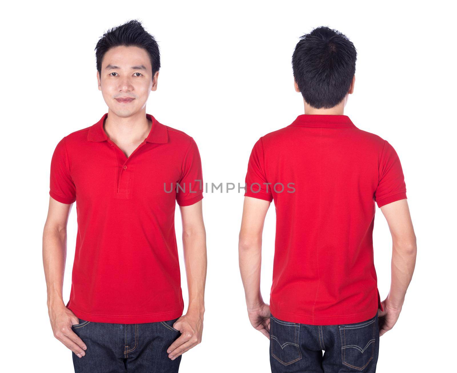 man with red polo shirt on a white background