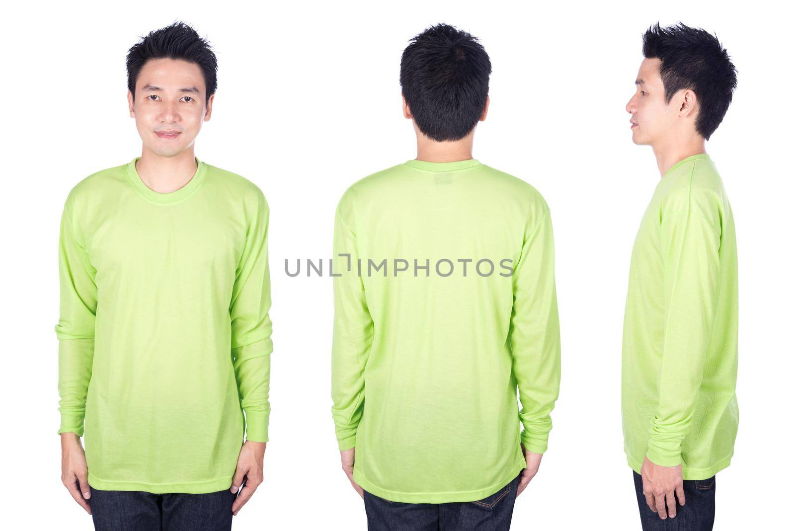 man in green long sleeve t-shirt isolated on a white background