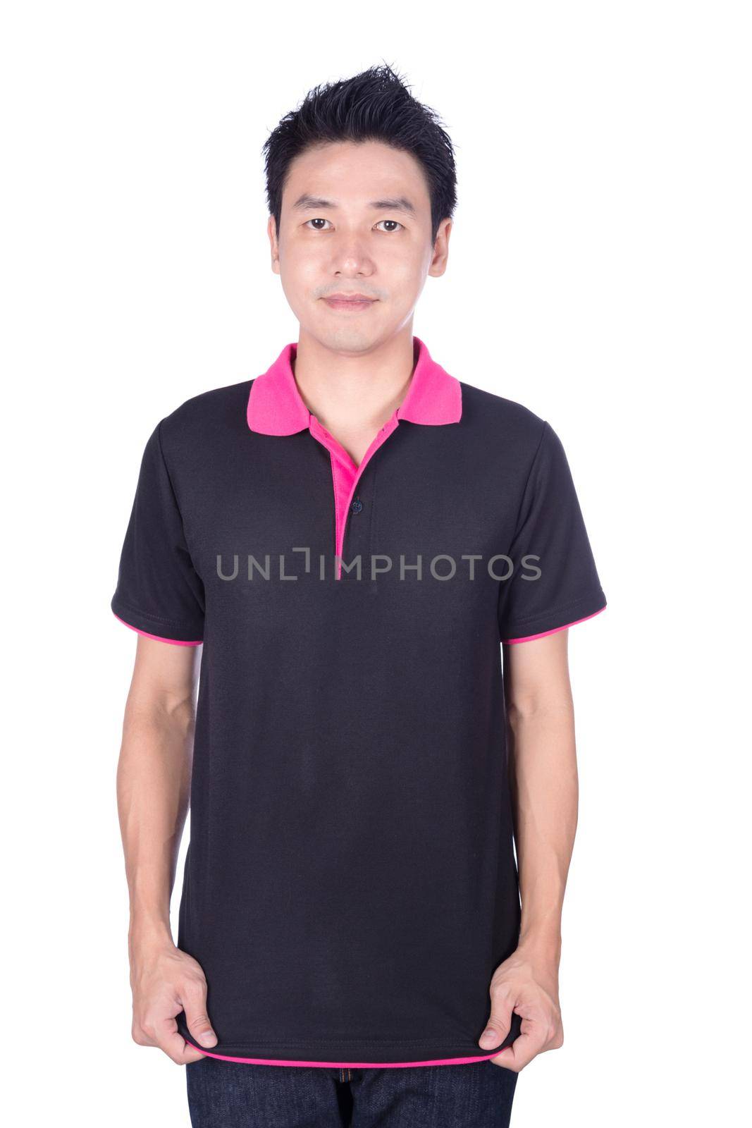 happy man in black polo shirt isolated on white background