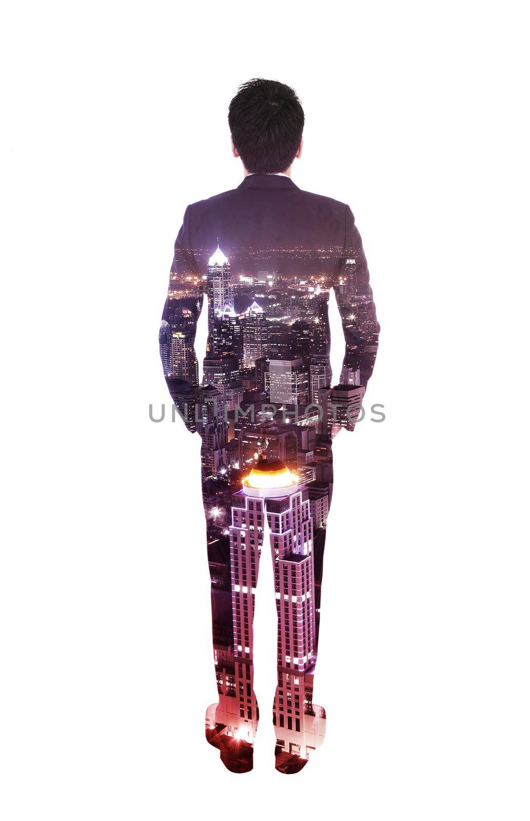 Double exposure of business man back against the city isolated on white background by geargodz