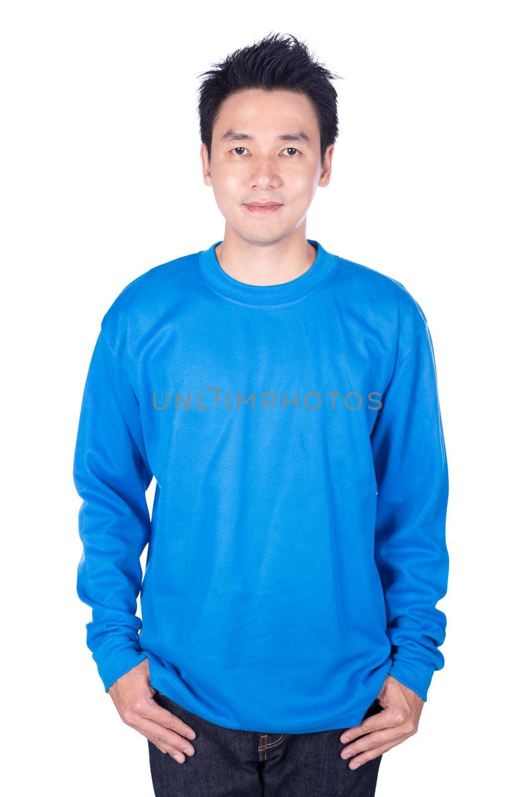 man in blue long sleeve t-shirt isolated on a white background by geargodz