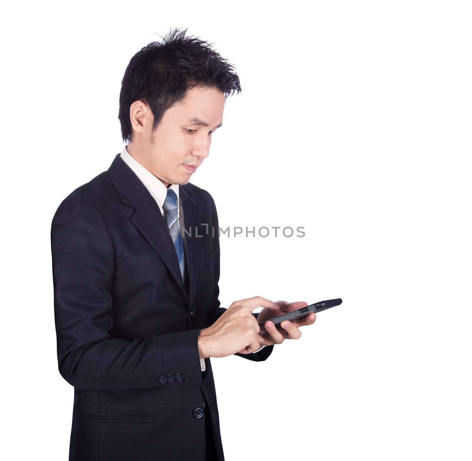 business man using smartphone isolated on white  by geargodz