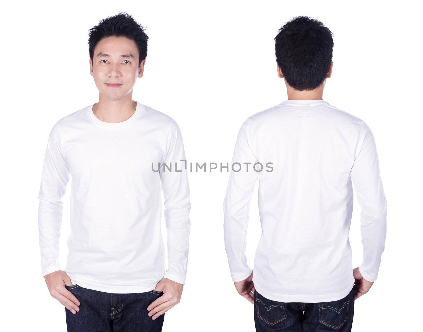 man in white long sleeve t-shirt isolated on a white background