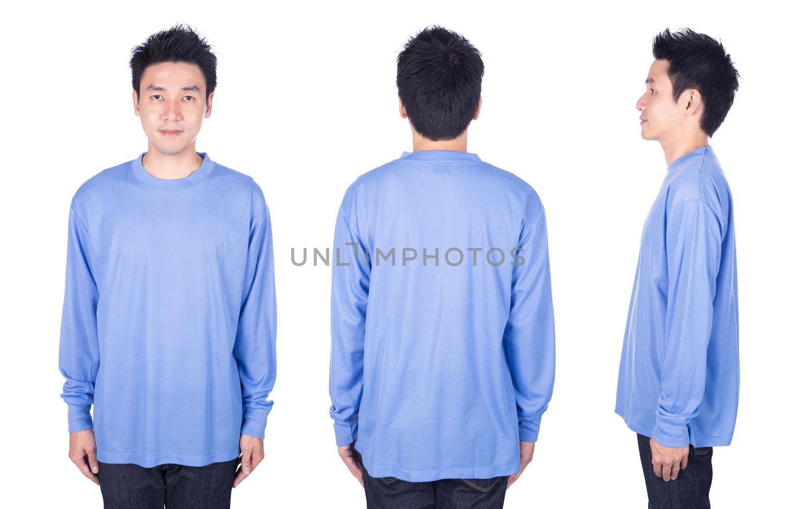 man in blue long sleeve t-shirt isolated on a white background