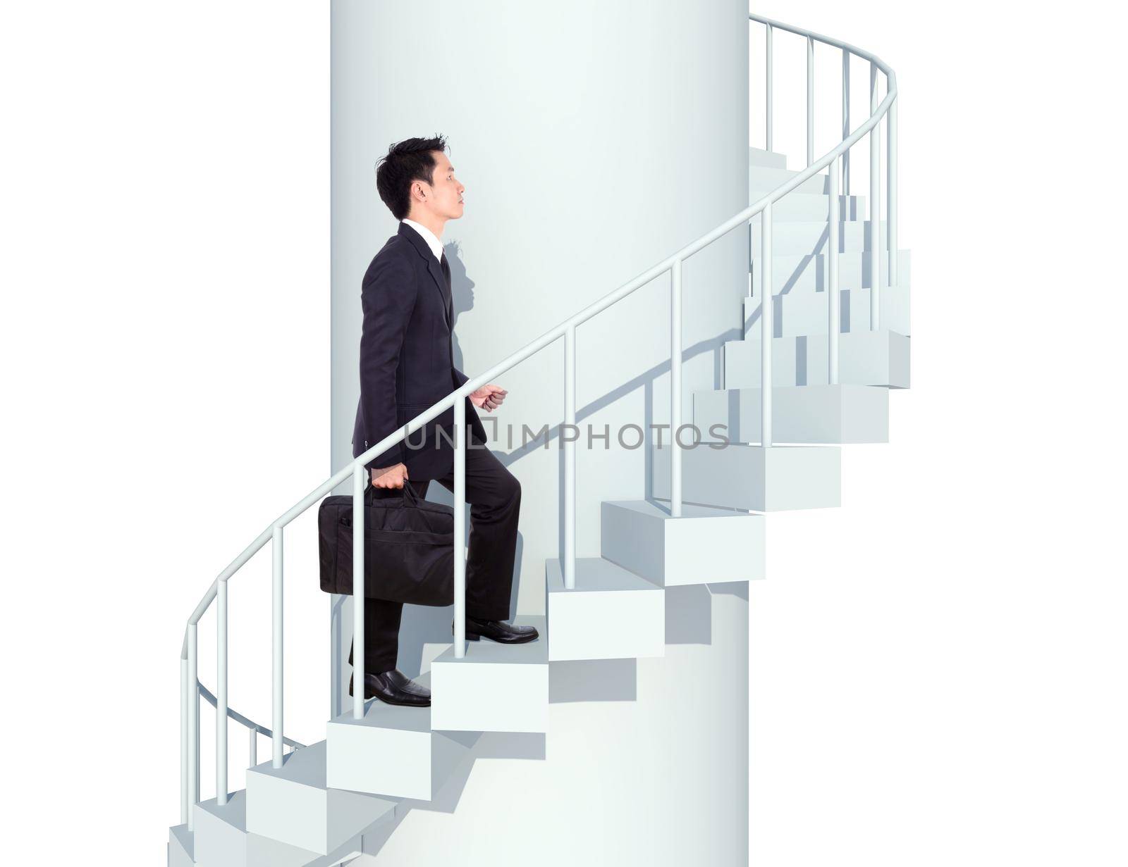 business man going upstairs in a curved staircase to success isolated on white background