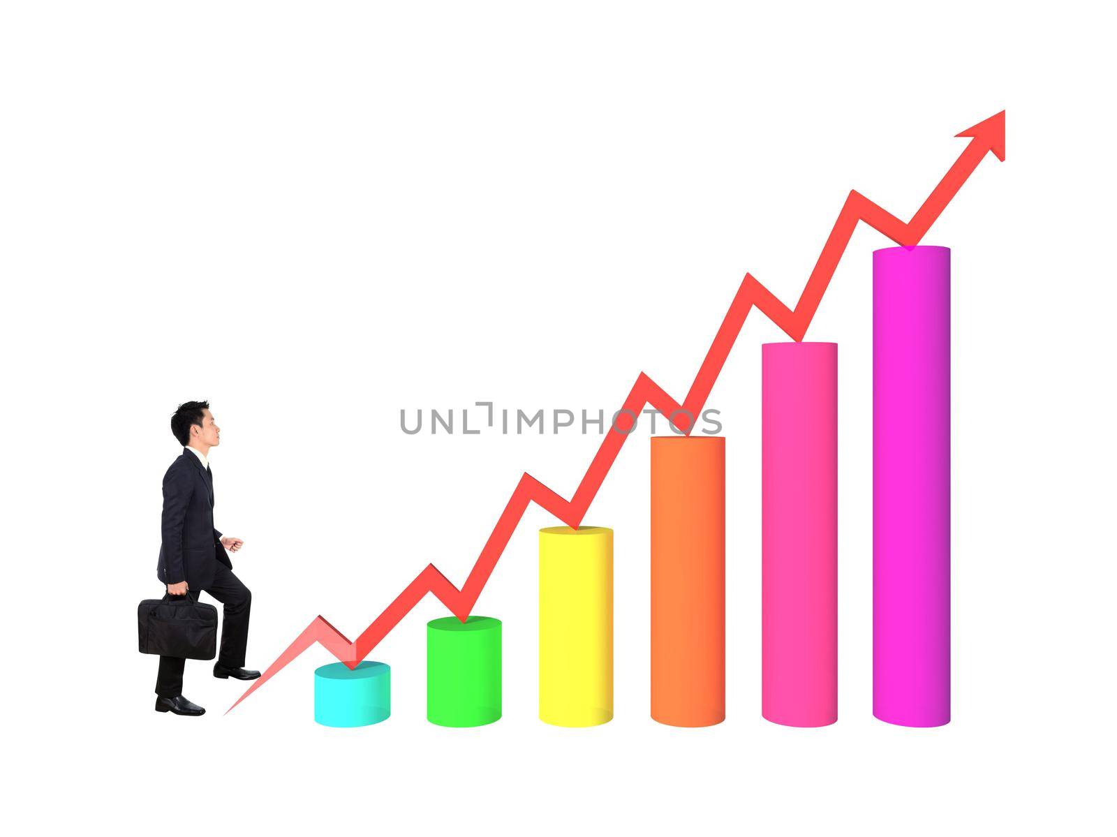 business man stepping forward on a growing 3d bar graph with arrow