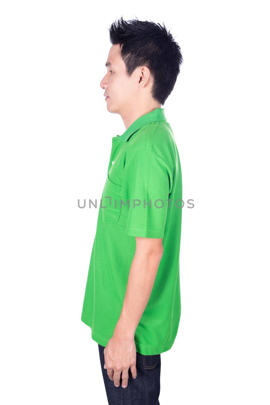 man in green polo shirt isolated on white background (side view) by geargodz