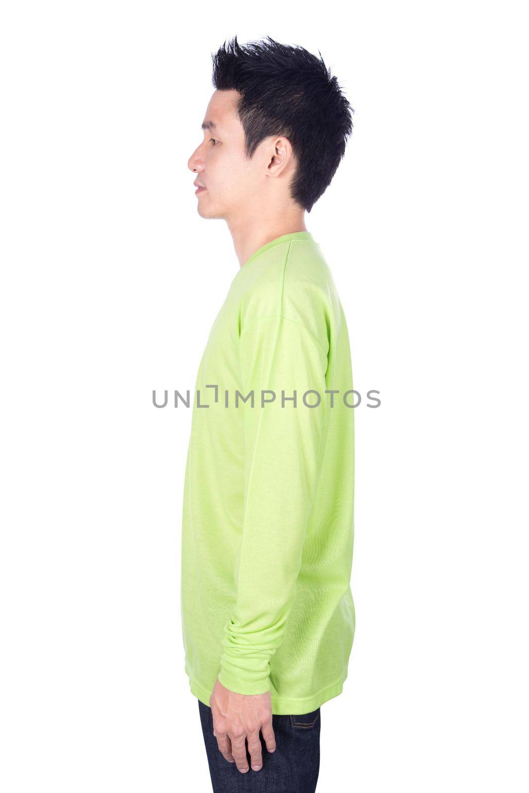 man in green long sleeve t-shirt isolated on a white background (side view)