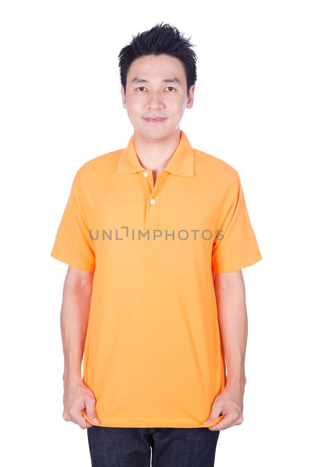 man in orange polo shirt isolated on white background by geargodz