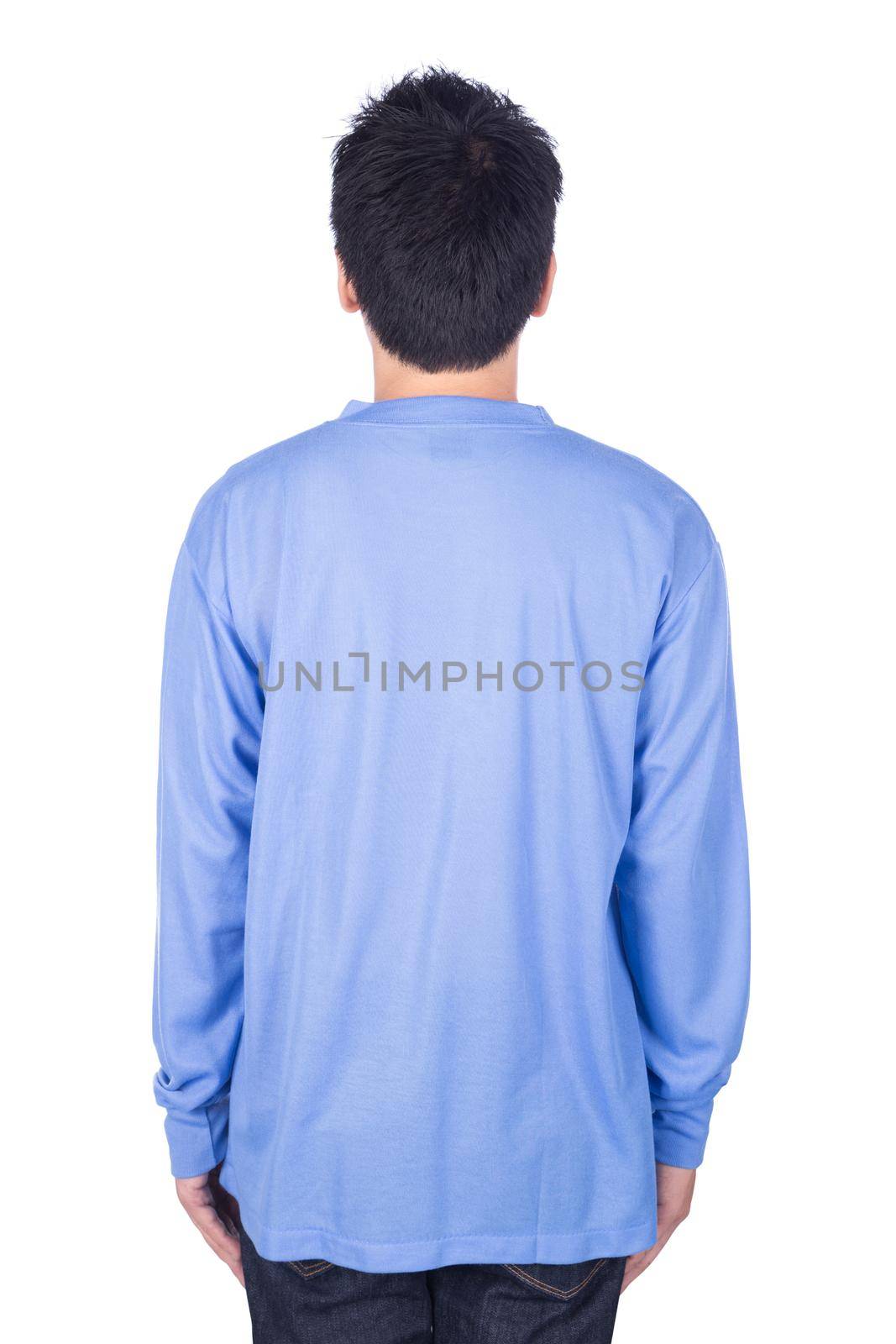 man in blue long sleeve t-shirt isolated on white background (back side) by geargodz