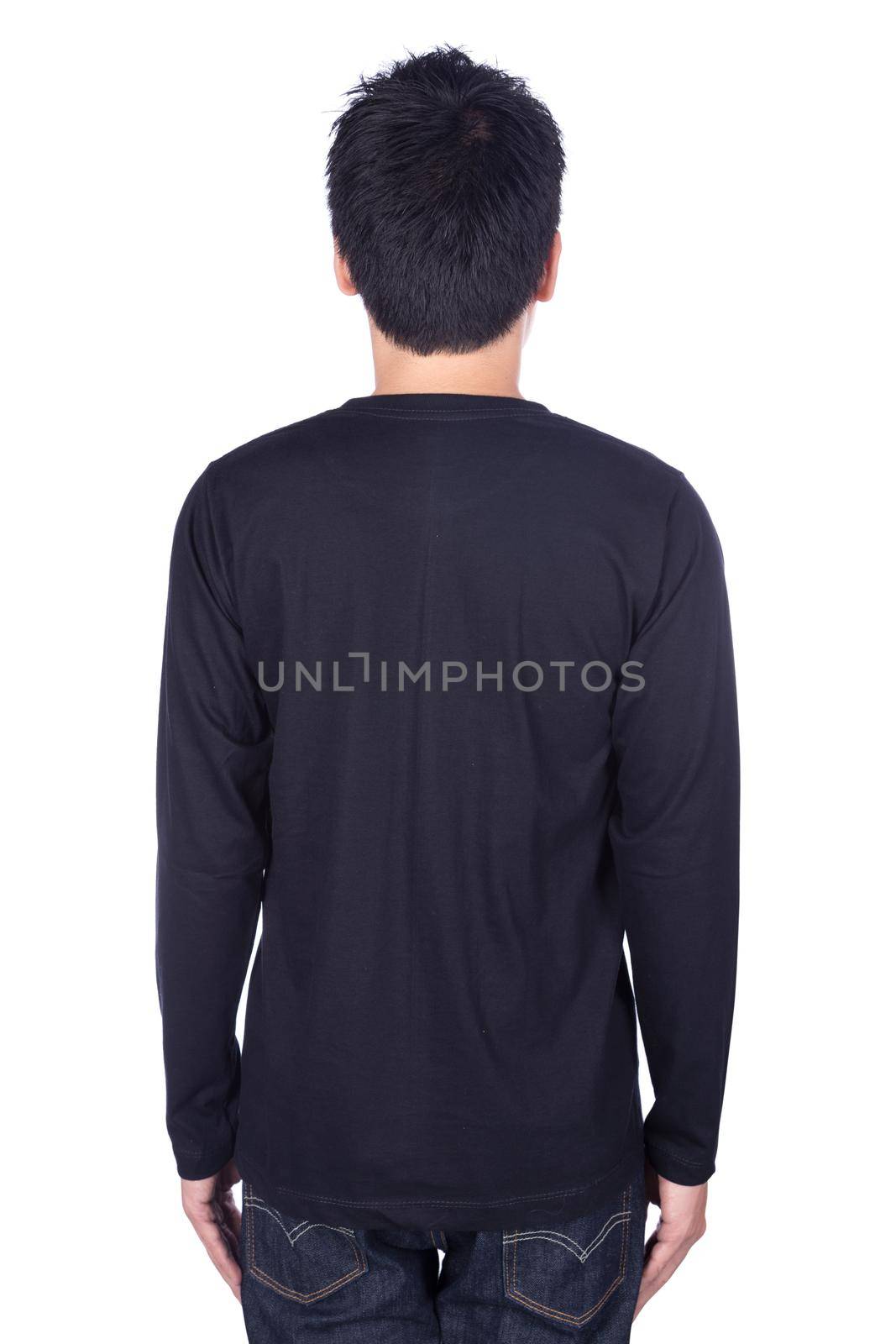 man in black long sleeve t-shirt isolated on white background (back side) by geargodz