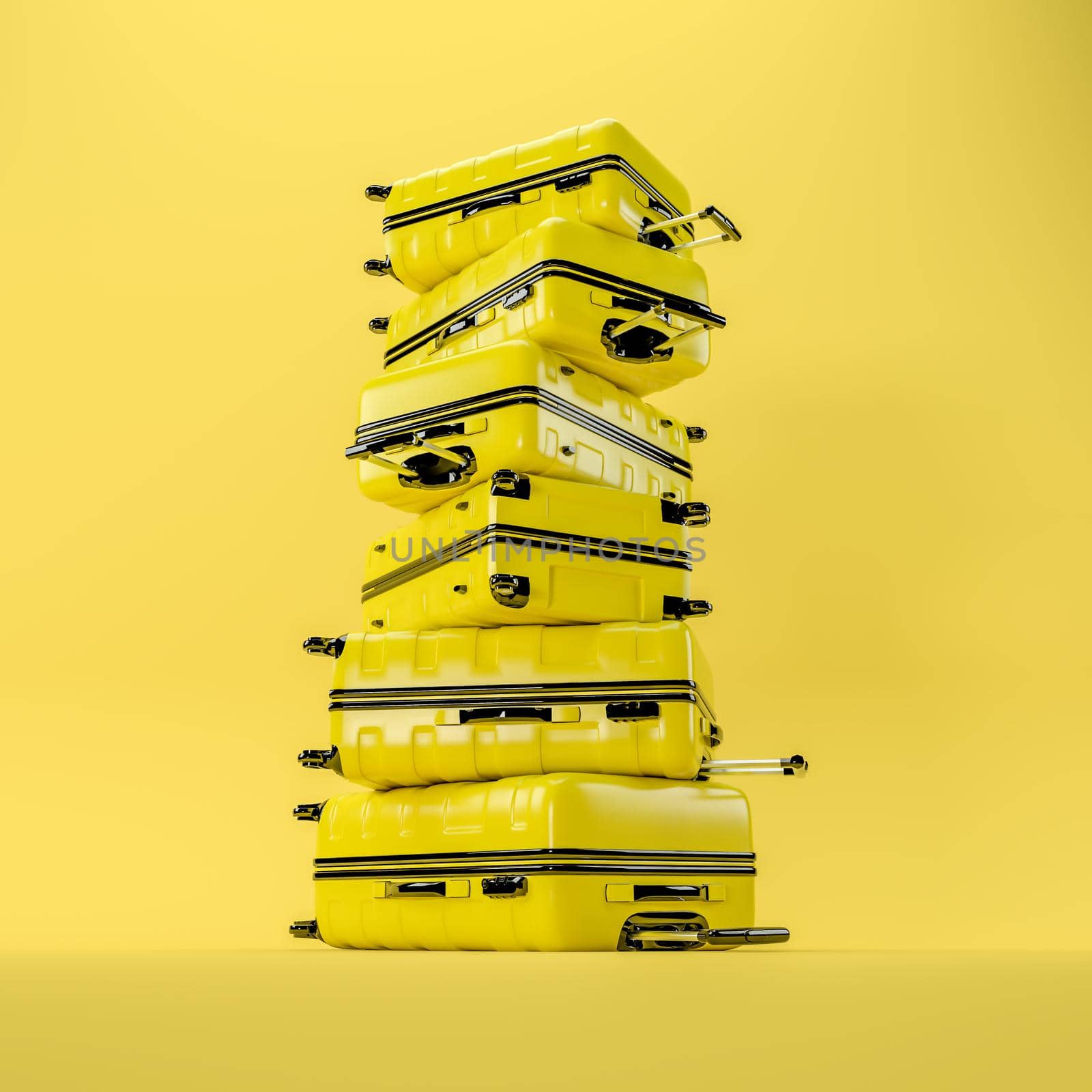 A stack of yellow travel suitcases on a yellow background, 3D rendering illustration.