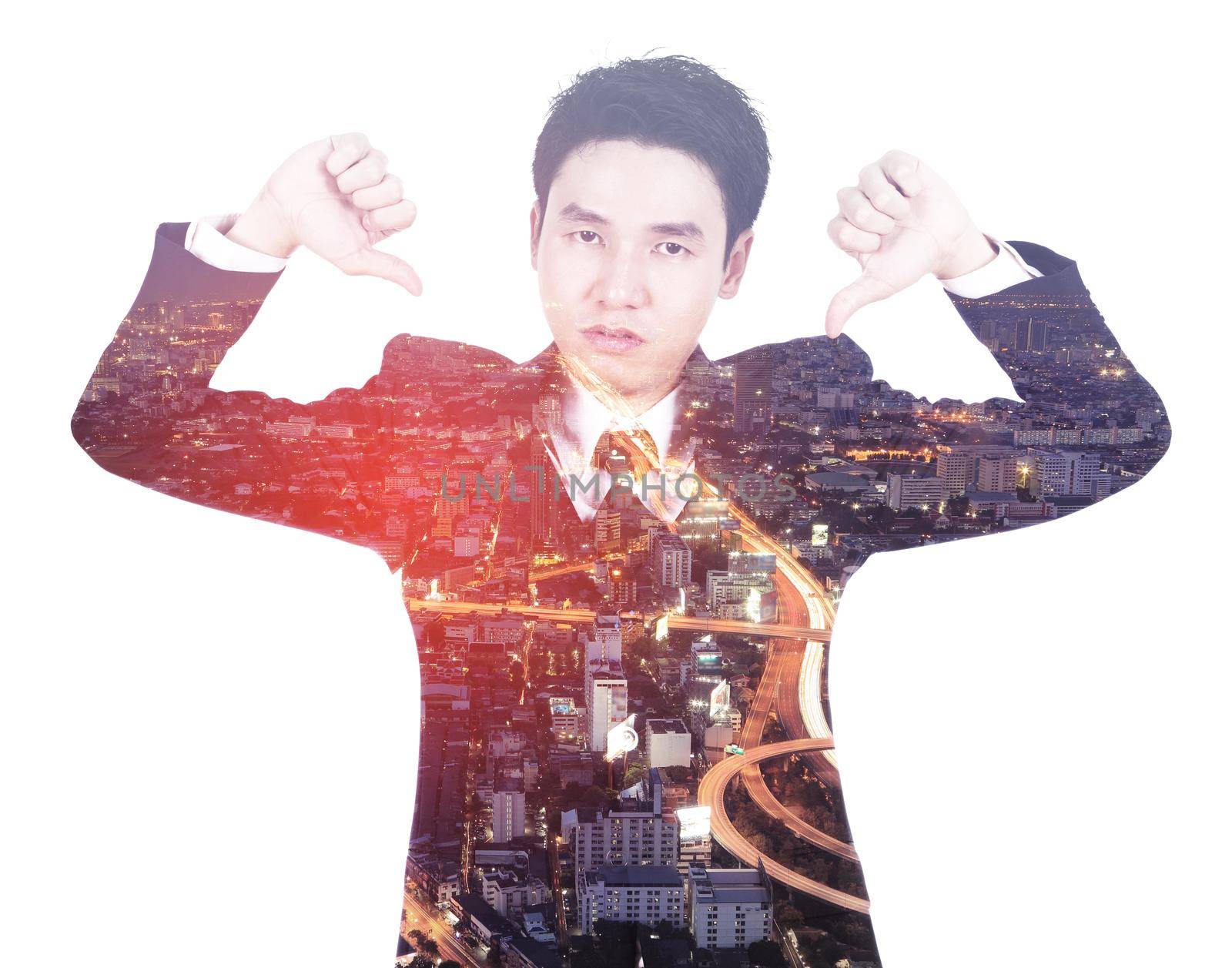 Double exposure of business man showing thumbs down gesture against the city and traffic isolated on white background