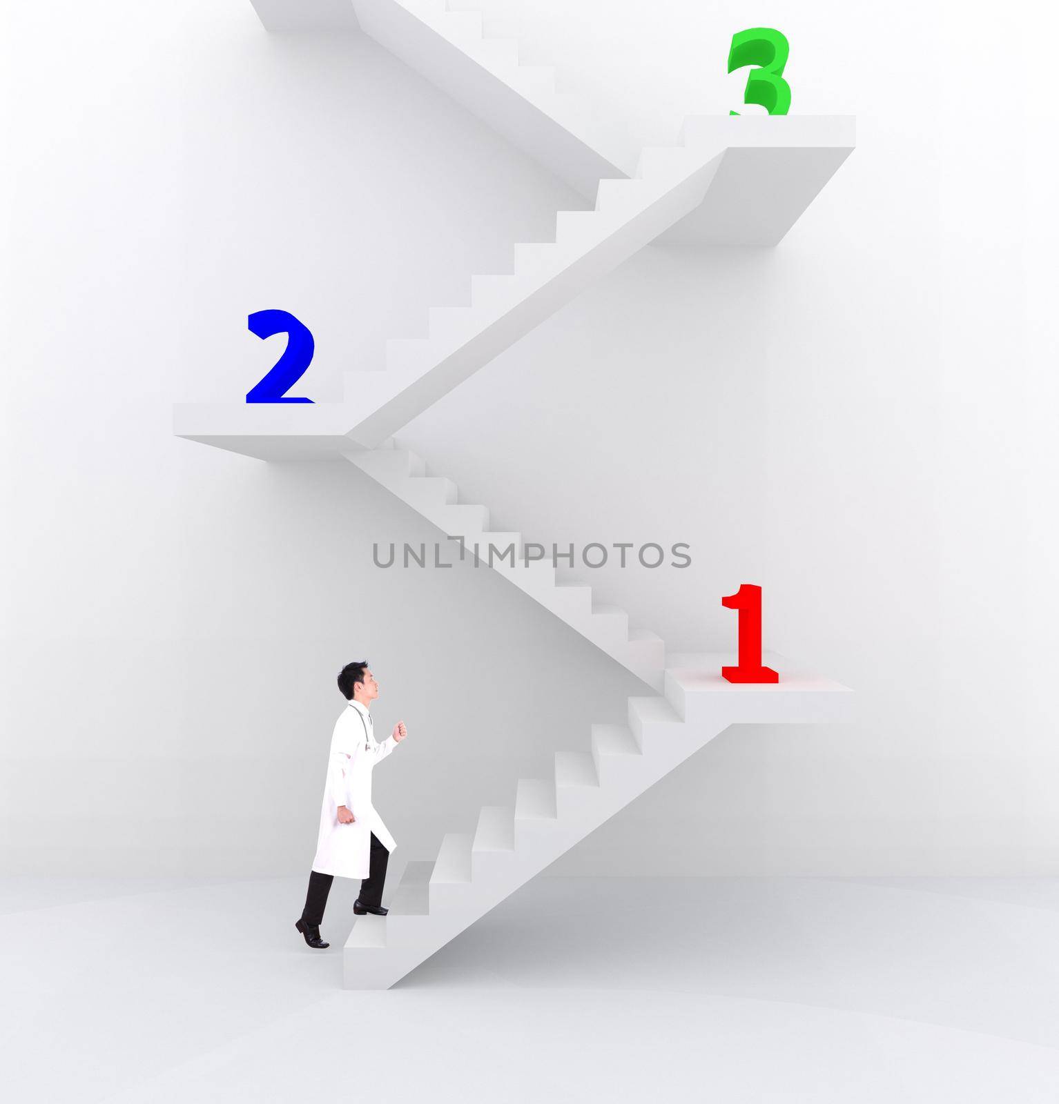 male doctor stepping up on white stairs