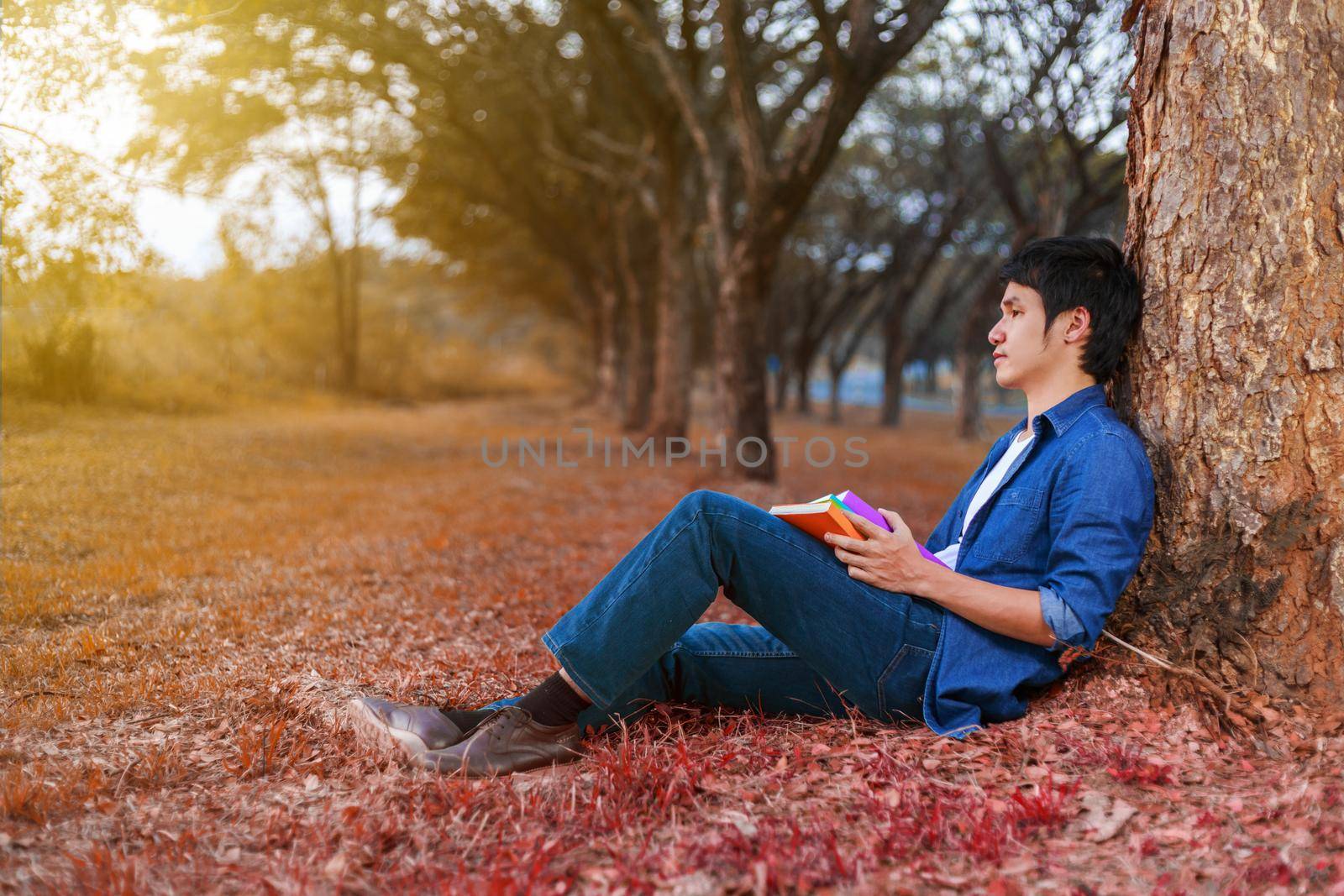 young man sitting and holding a book in park by geargodz