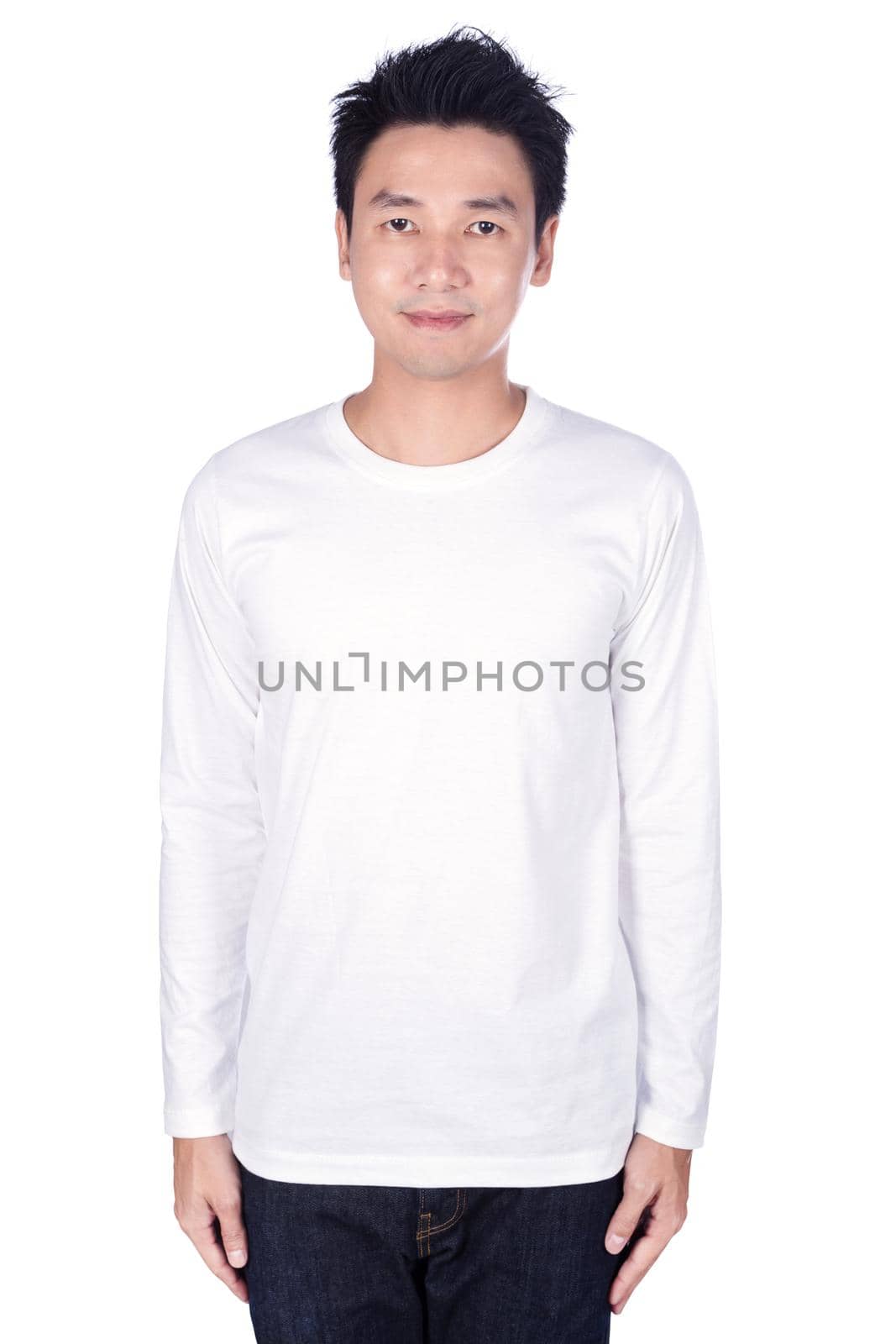 happy man in white long sleeve t-shirt isolated on a white background