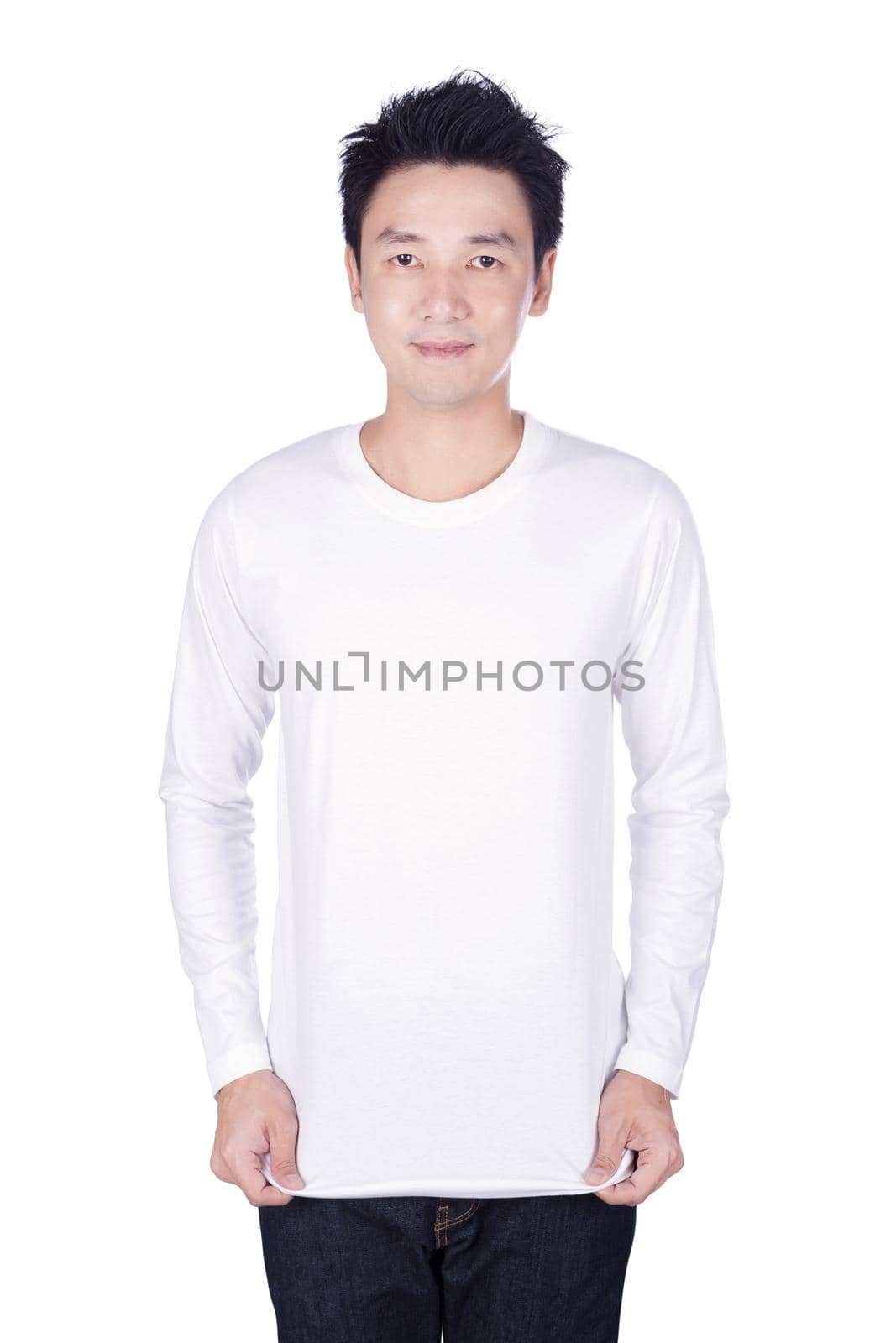 man in white long sleeve t-shirt isolated on a white background by geargodz