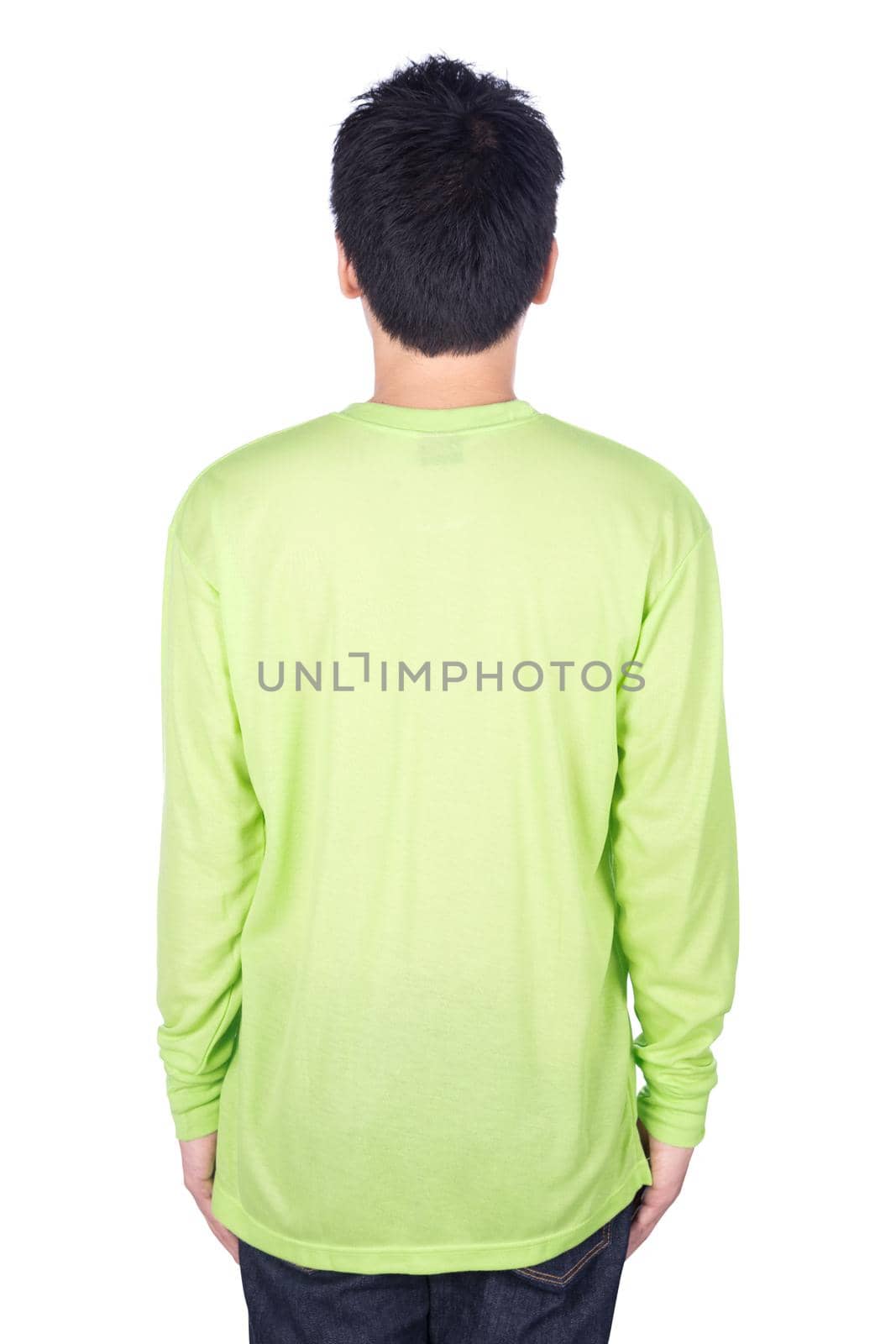 man in green long sleeve t-shirt isolated on white background (back side) by geargodz