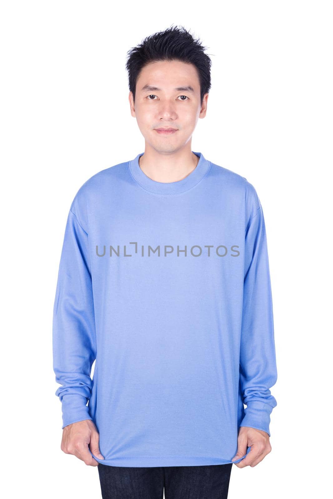 man in blue long sleeve t-shirt isolated on a white background by geargodz