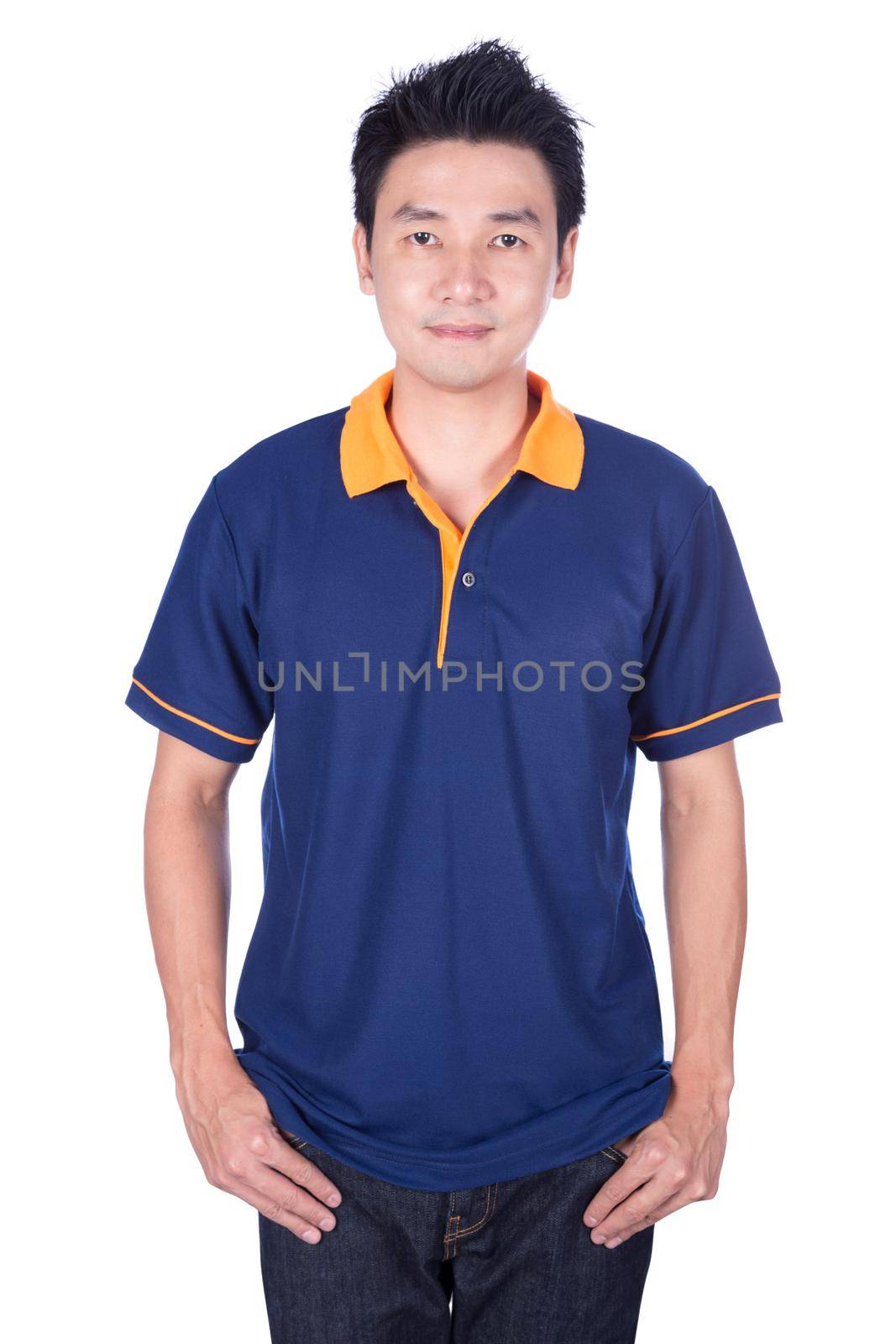 man in blue polo shirt isolated on white background by geargodz