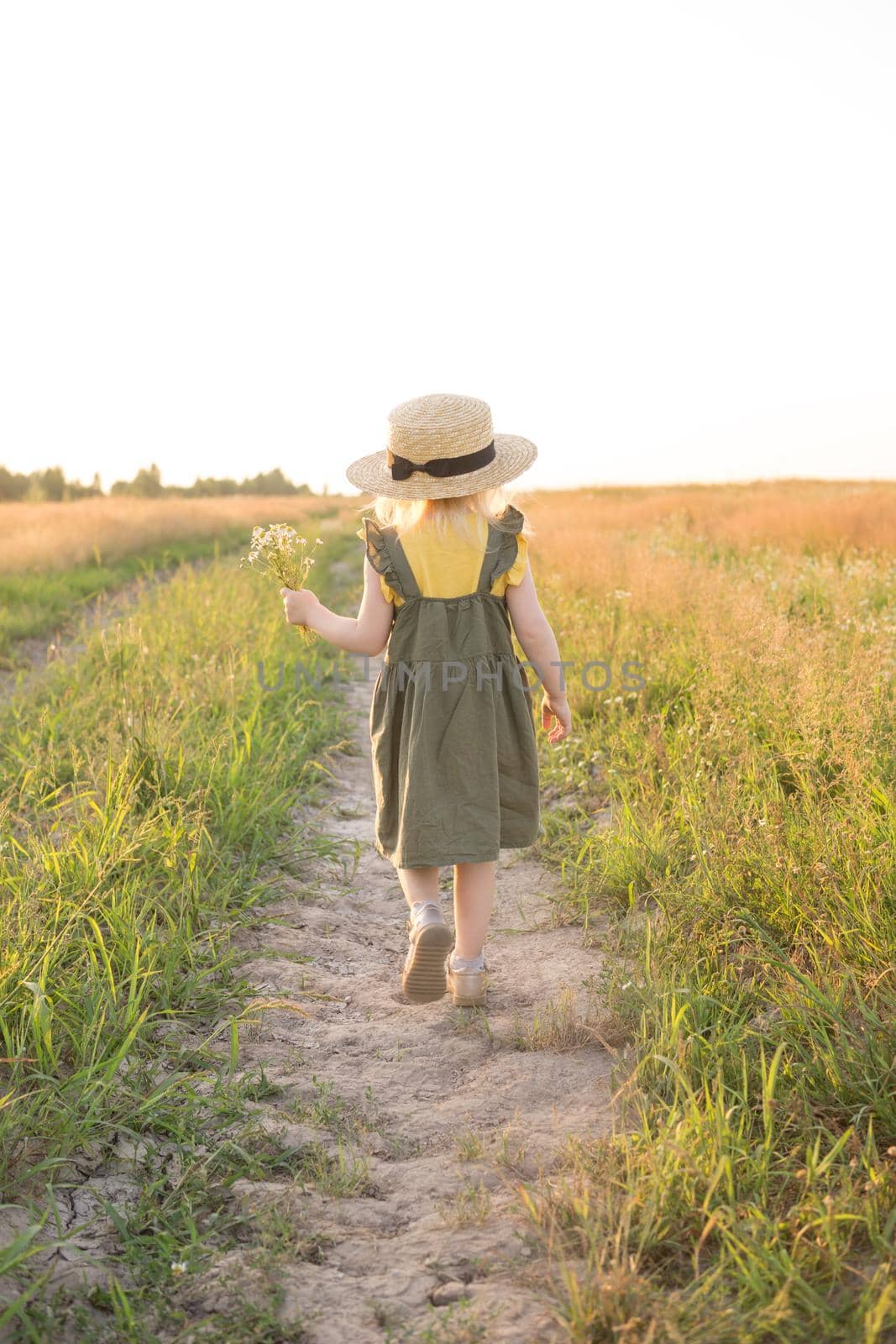 A little blonde girl in a straw hat walks in a field with a bouquet of daisies. The concept of walking in nature, freedom and an eco-friendly lifestyle.